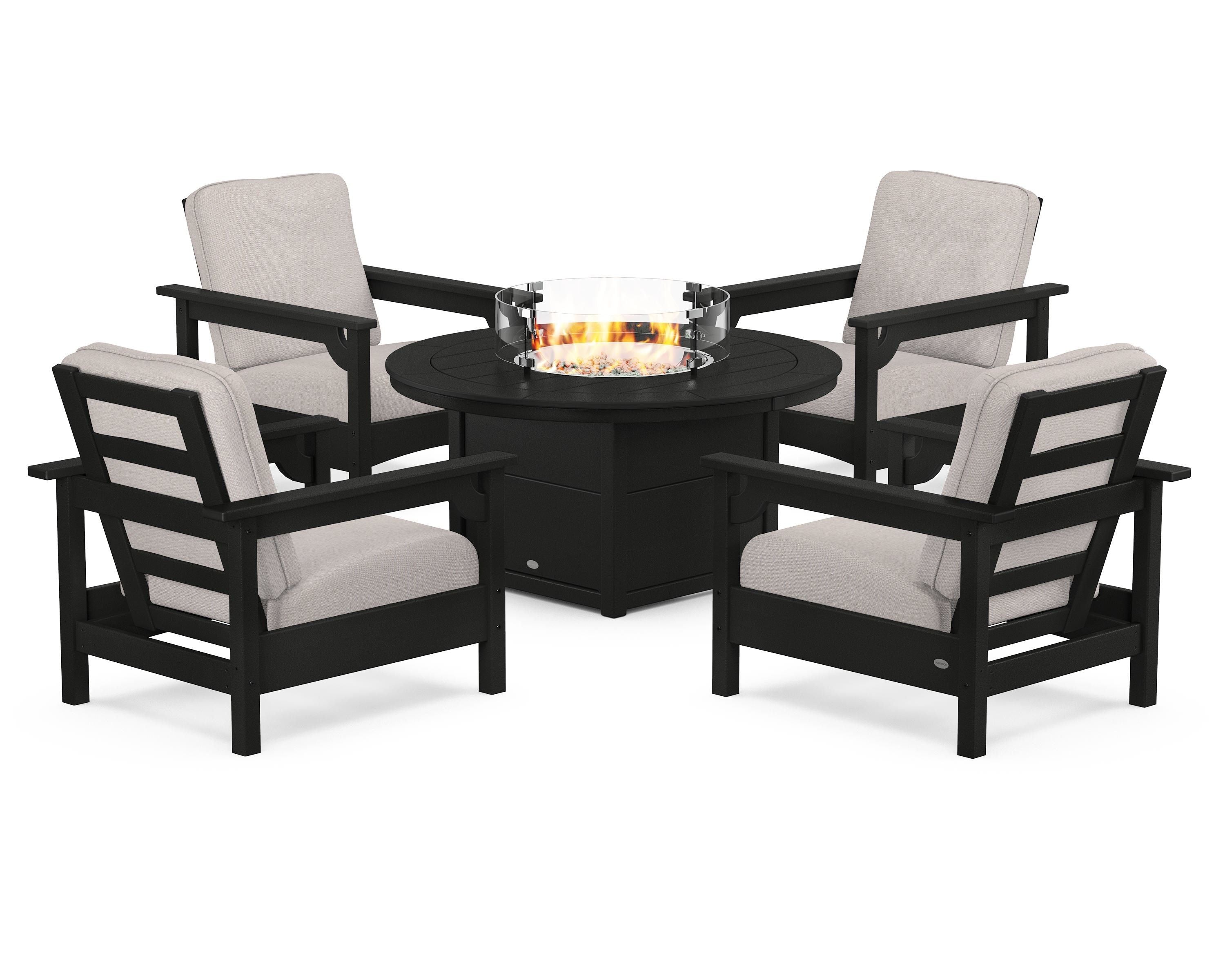 POLYWOOD Club 5-Piece Conversation Set with Fire Pit Table in Black / Dune Burlap