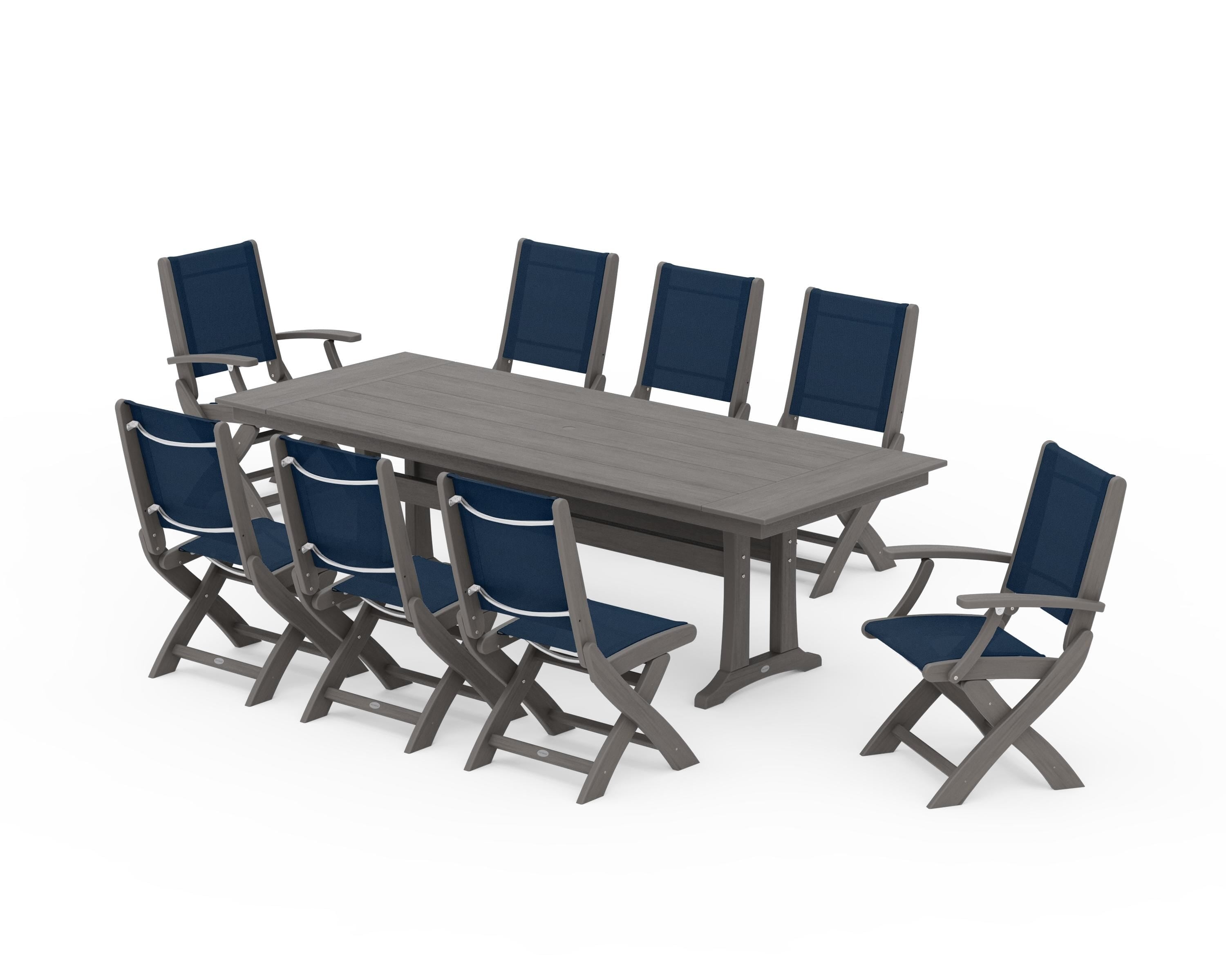 POLYWOOD Coastal 9-Piece Folding Dining Chair Farmhouse Dining Set with Trestle Legs in Driftwood / Navy Blue Sling