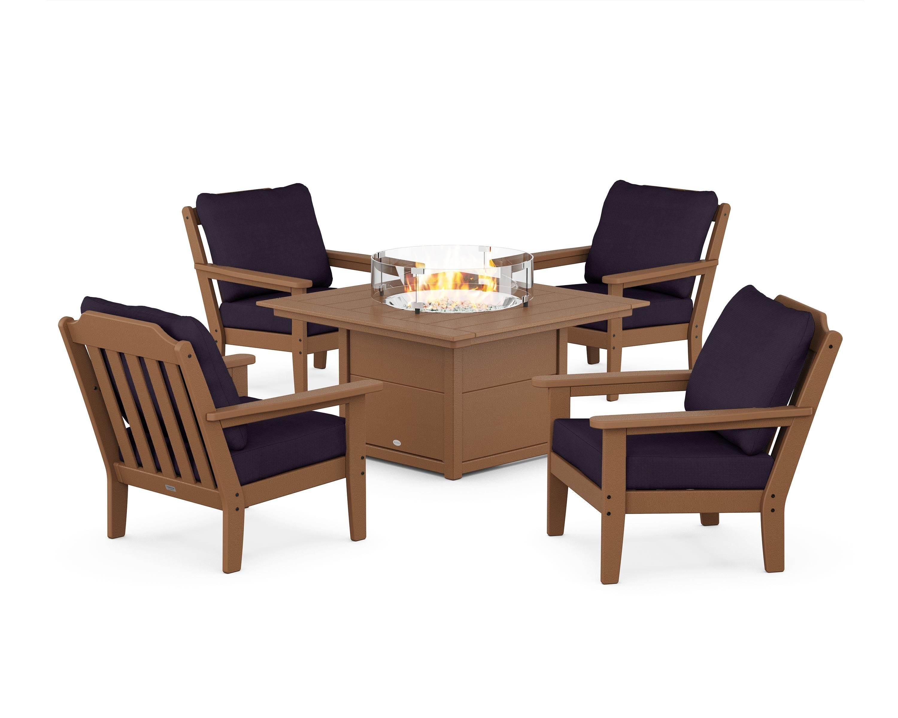 Country Living Cottage 5-Piece Deep Seating Set with Fire Pit Table in Teak / Navy Linen