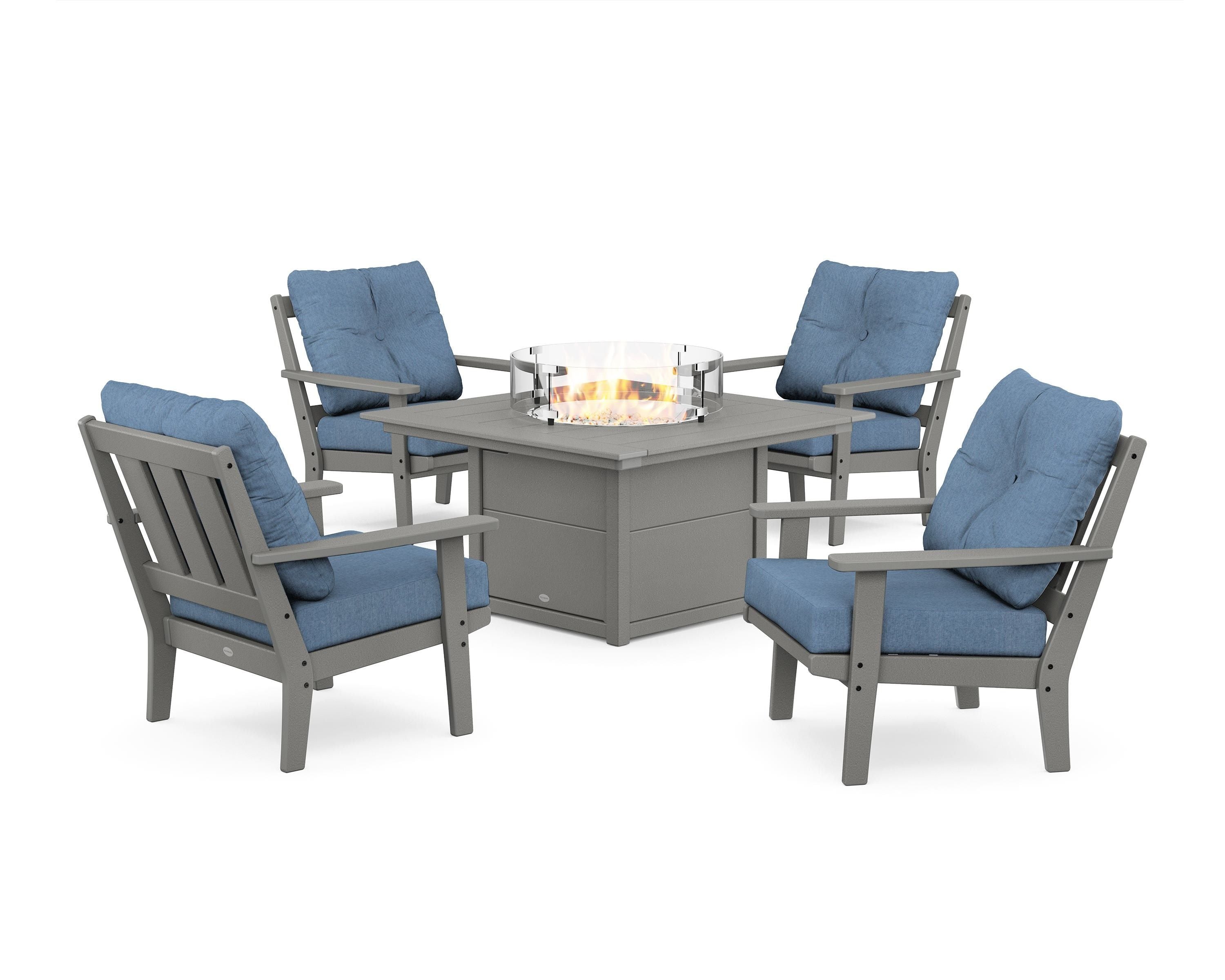 POLYWOOD Oxford 5-Piece Deep Seating Set with Fire Pit Table in Slate Grey / Sky Blue