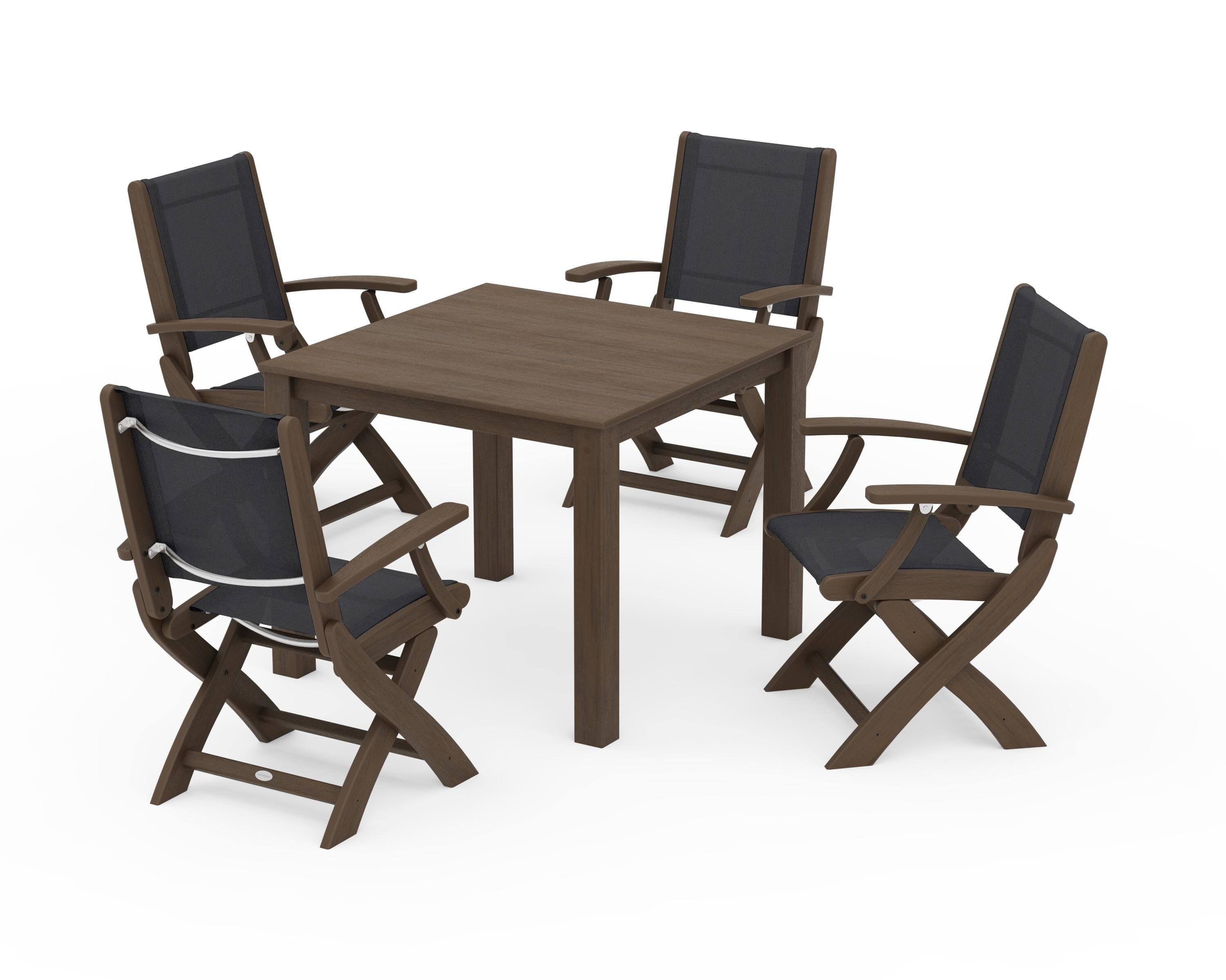 POLYWOOD Coastal Folding Chair 5-Piece Parsons Dining Set in Kona / Black Sling