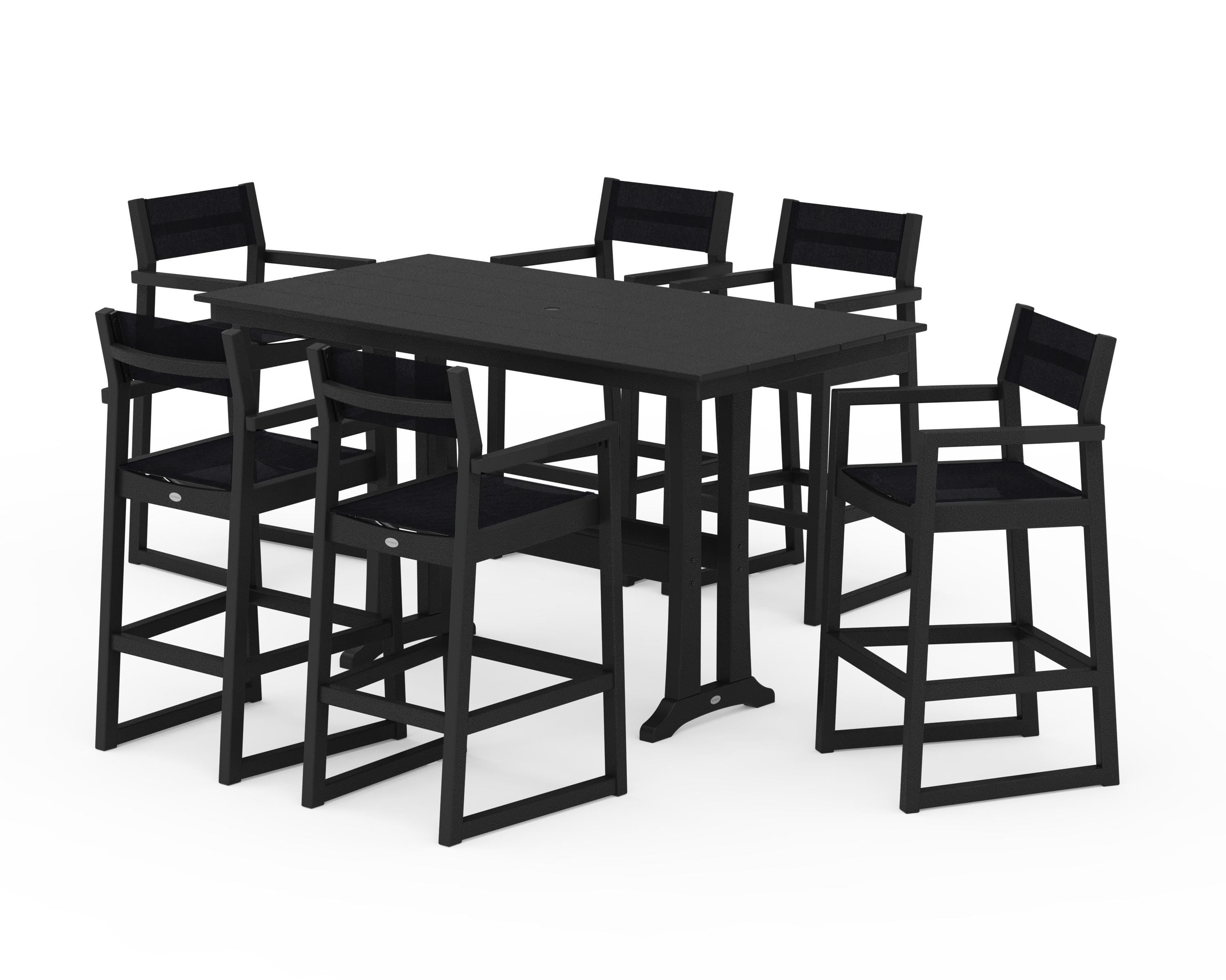 POLYWOOD EDGE Sling Arm Chair 7-Piece Farmhouse Bar Set with Trestle Legs in Black / Black Sling
