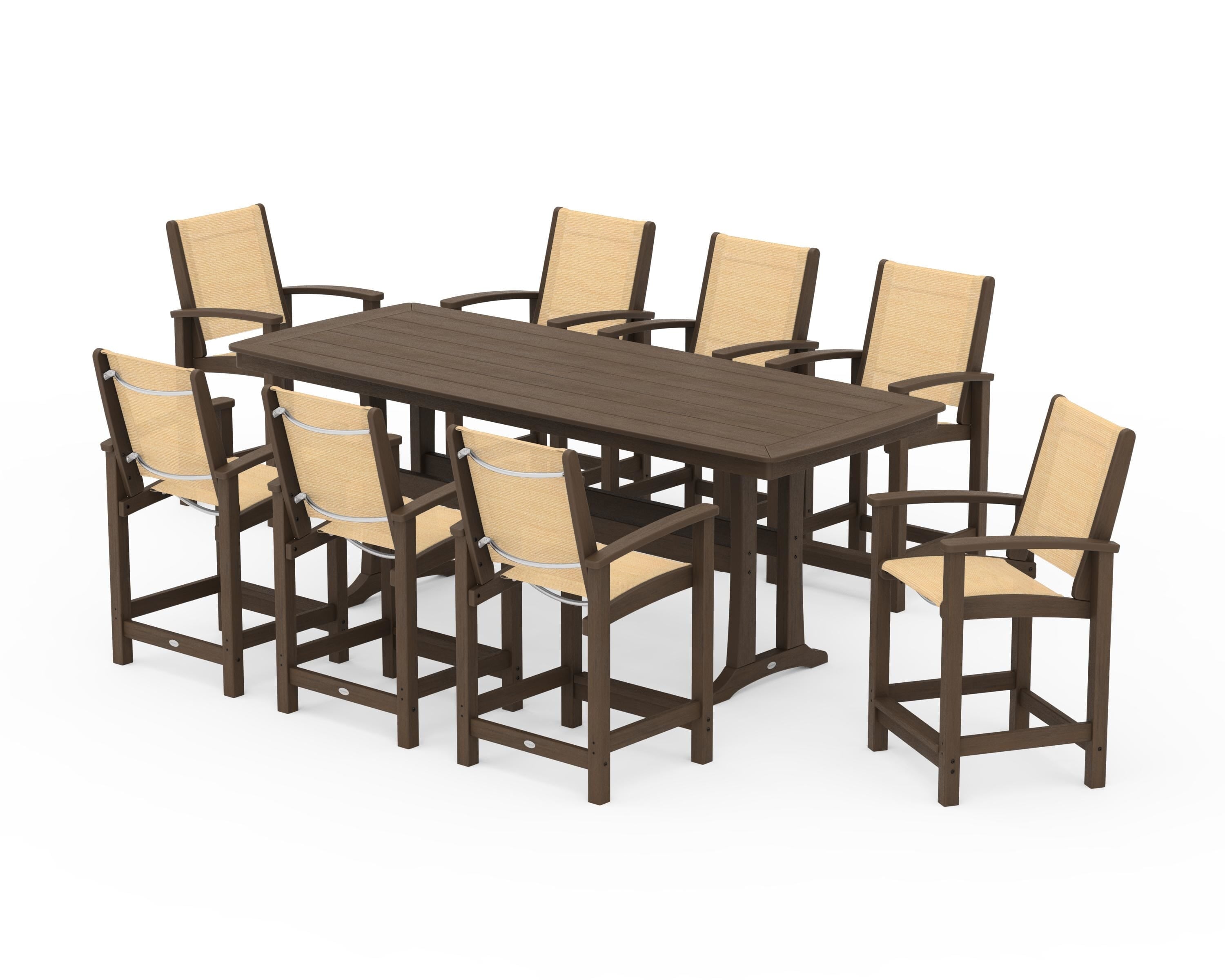 POLYWOOD Coastal 9-Piece Counter Set with Trestle Legs in Kona / Dupioni Apricot Sling