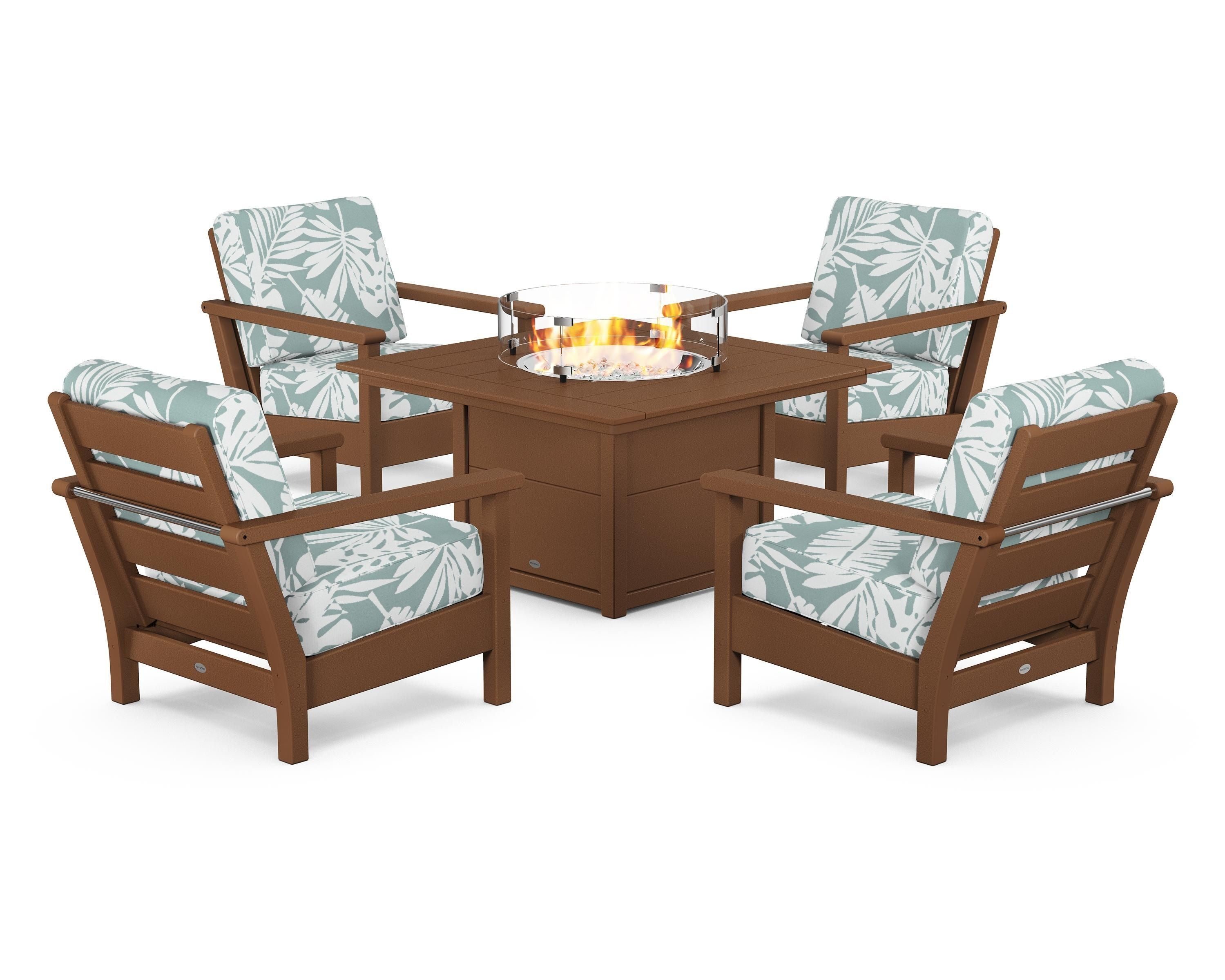 POLYWOOD Harbour 5-Piece Conversation Set with Fire Pit Table in Teak / Leaf Glacier Spa