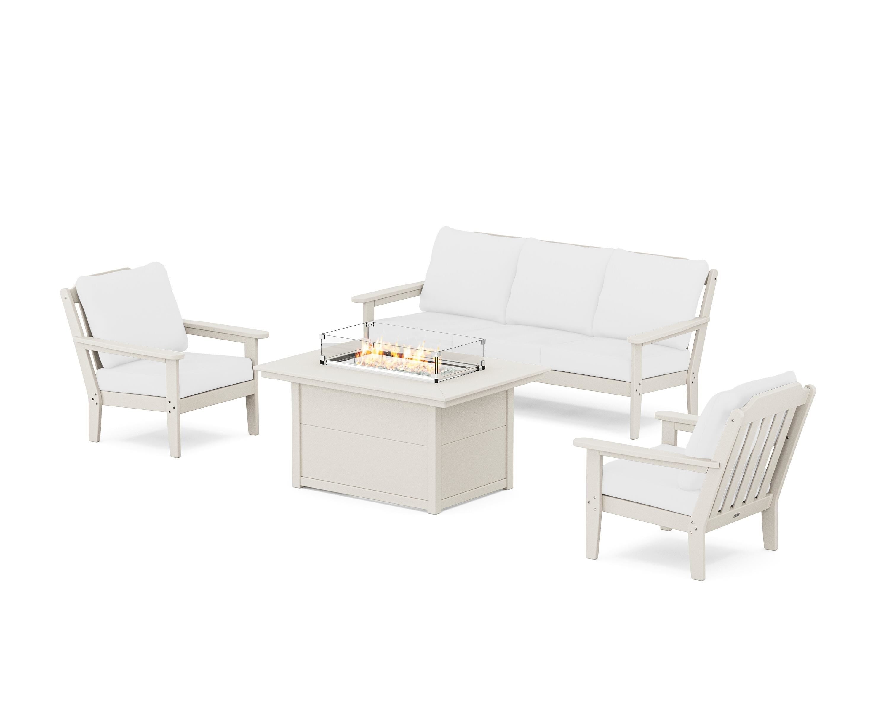 Country Living Cottage Deep Seating Fire Pit Table Set in Sand / Natural