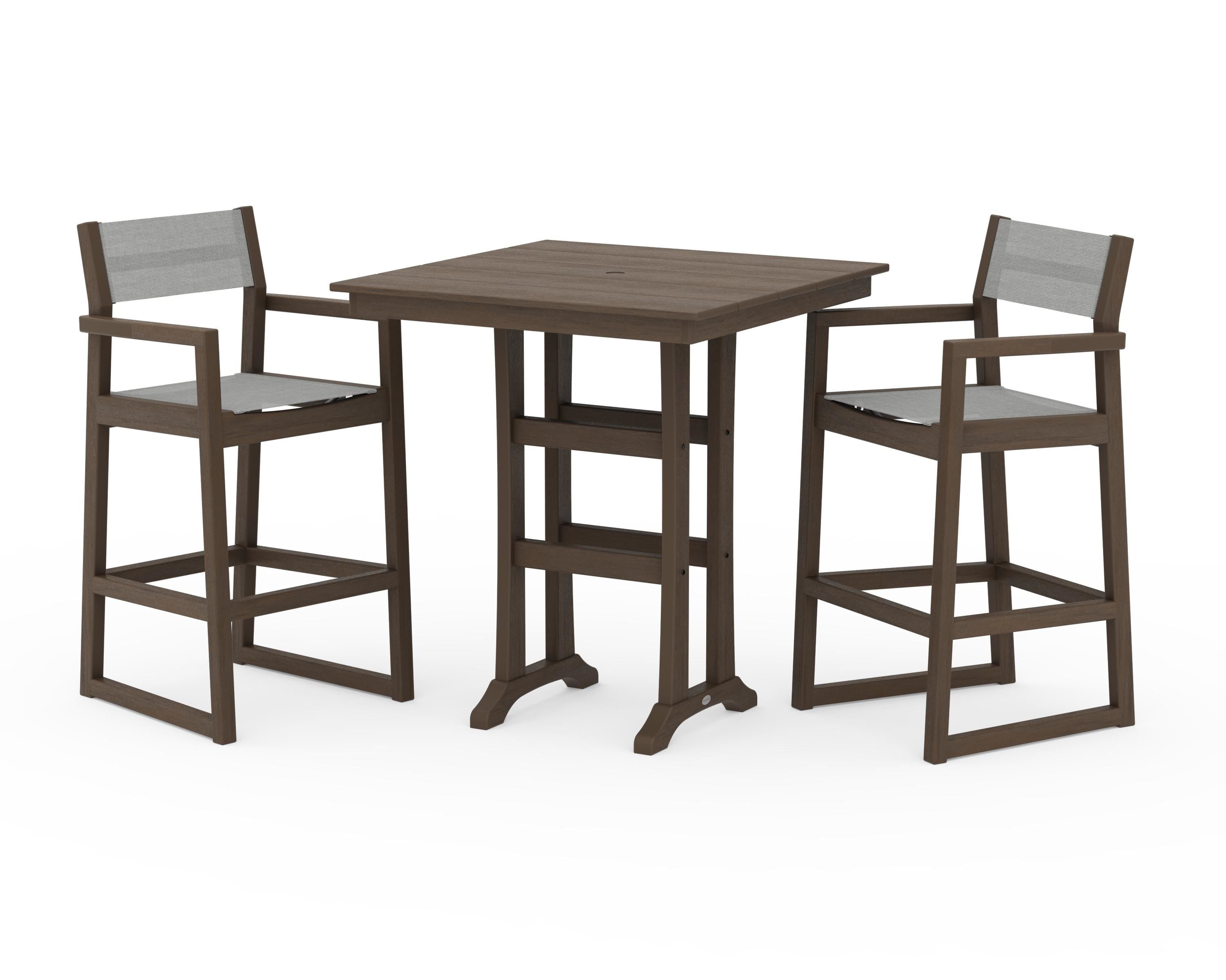 POLYWOOD EDGE Sling Arm Chair 3-Piece Farmhouse Bar Set with Trestle Legs in Kona / Metallic Sling