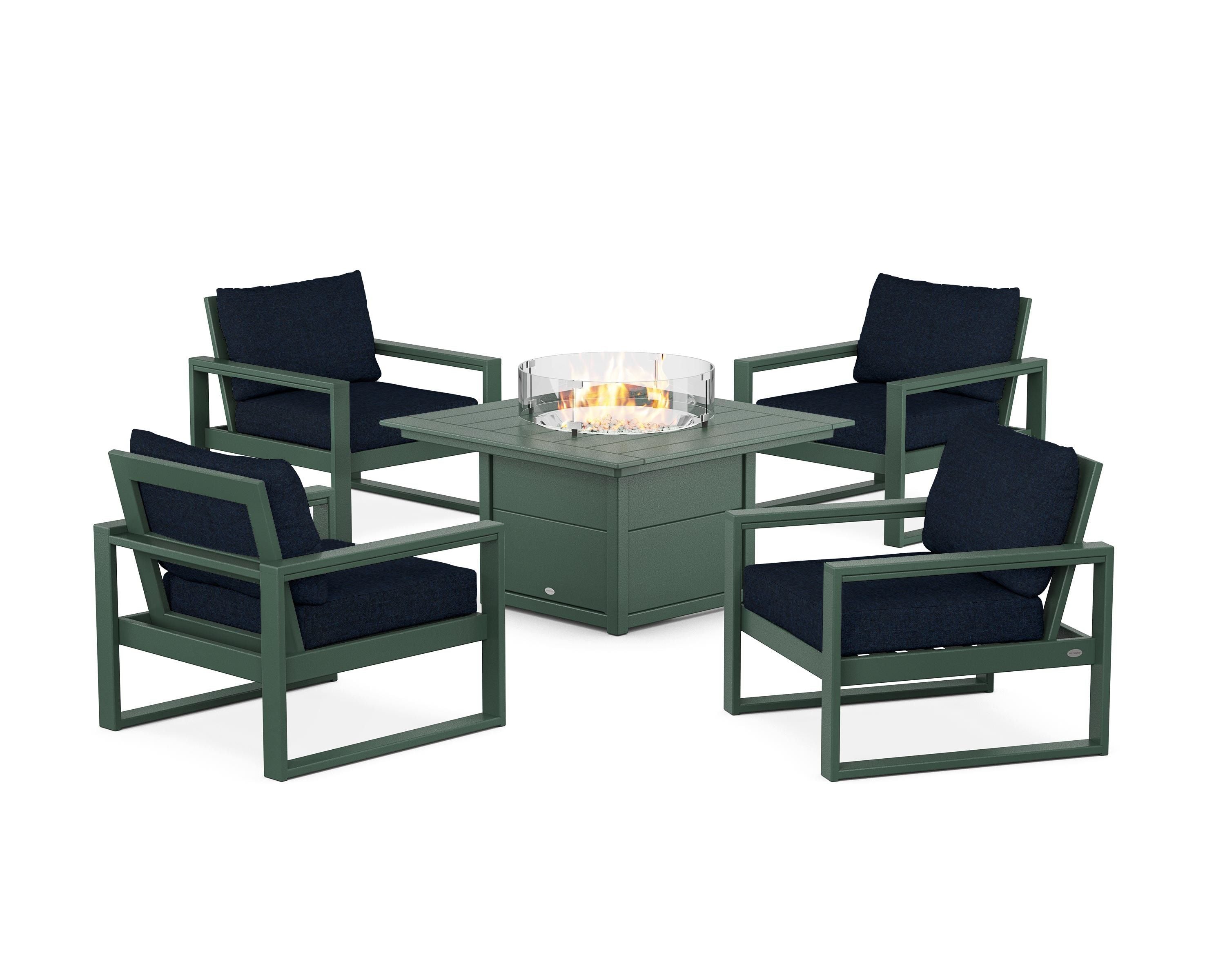 POLYWOOD EDGE Sectional 5-Piece Deep Seating Set with Fire Pit Table in Green / Marine Indigo