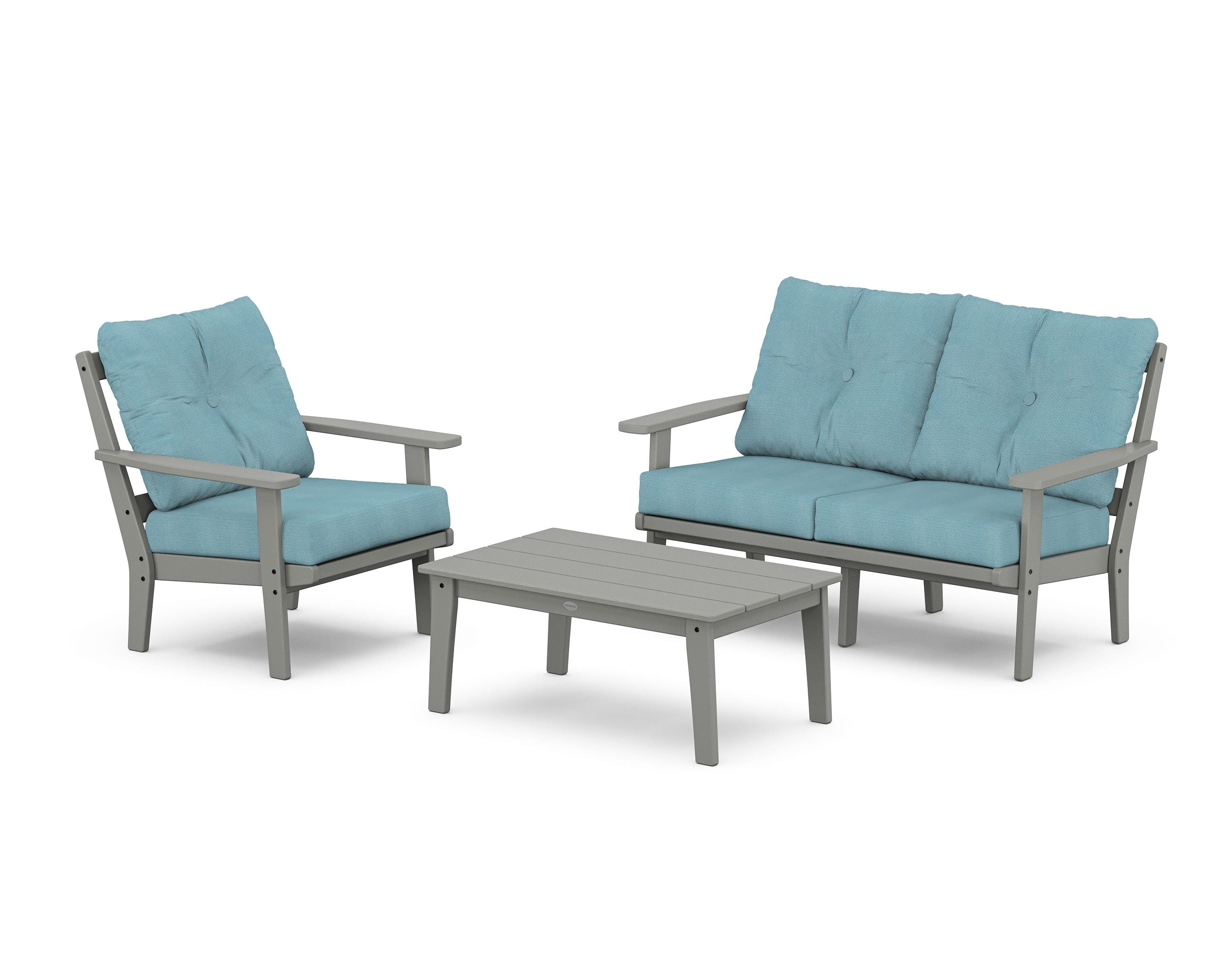 POLYWOOD Oxford 3-Piece Deep Seating Set with Loveseat in Slate Grey / Lattice Sky Blue