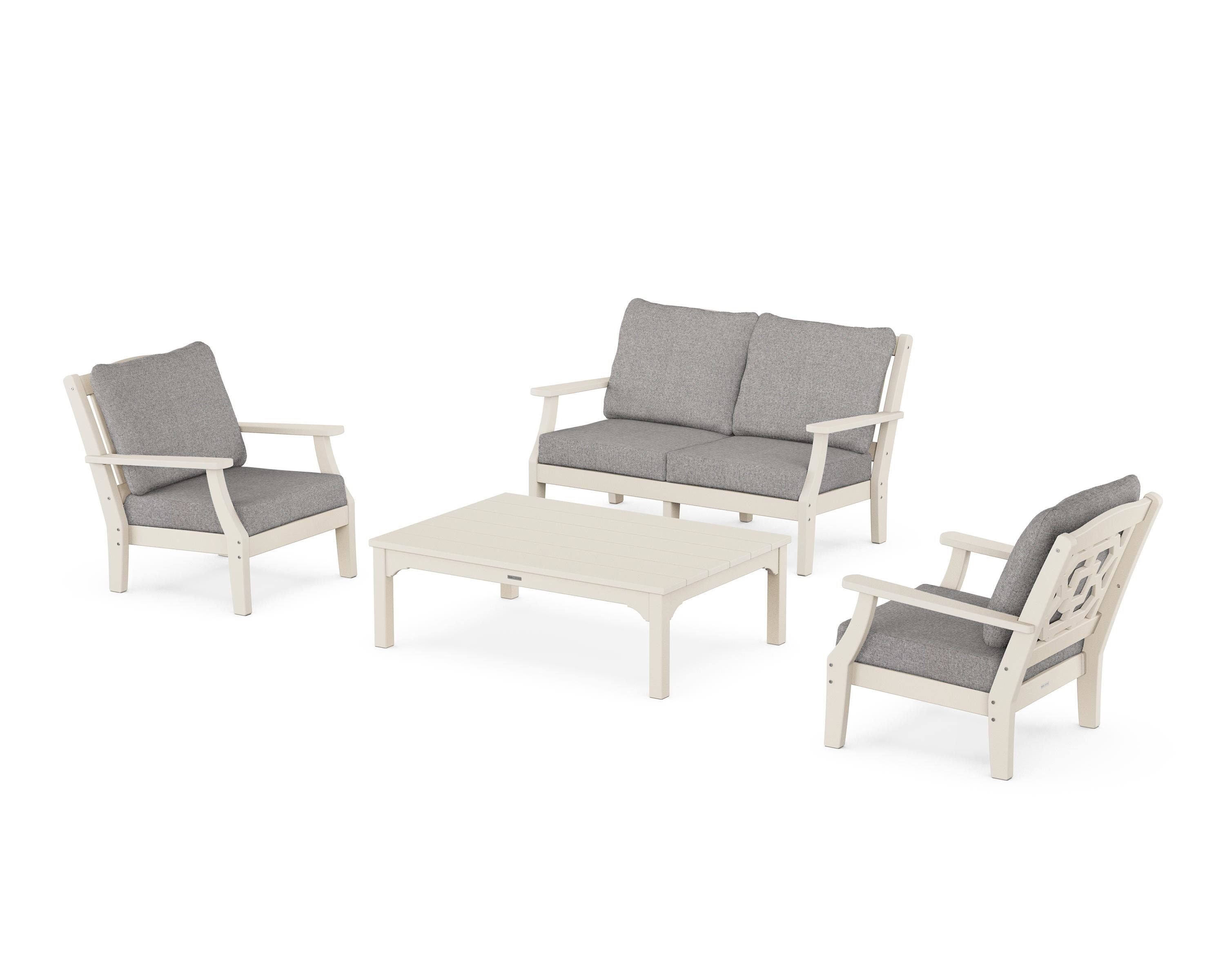 Martha Stewart by POLYWOOD Chinoiserie 4-Piece Deep Seating Set with Loveseat in Sand / Grey Mist