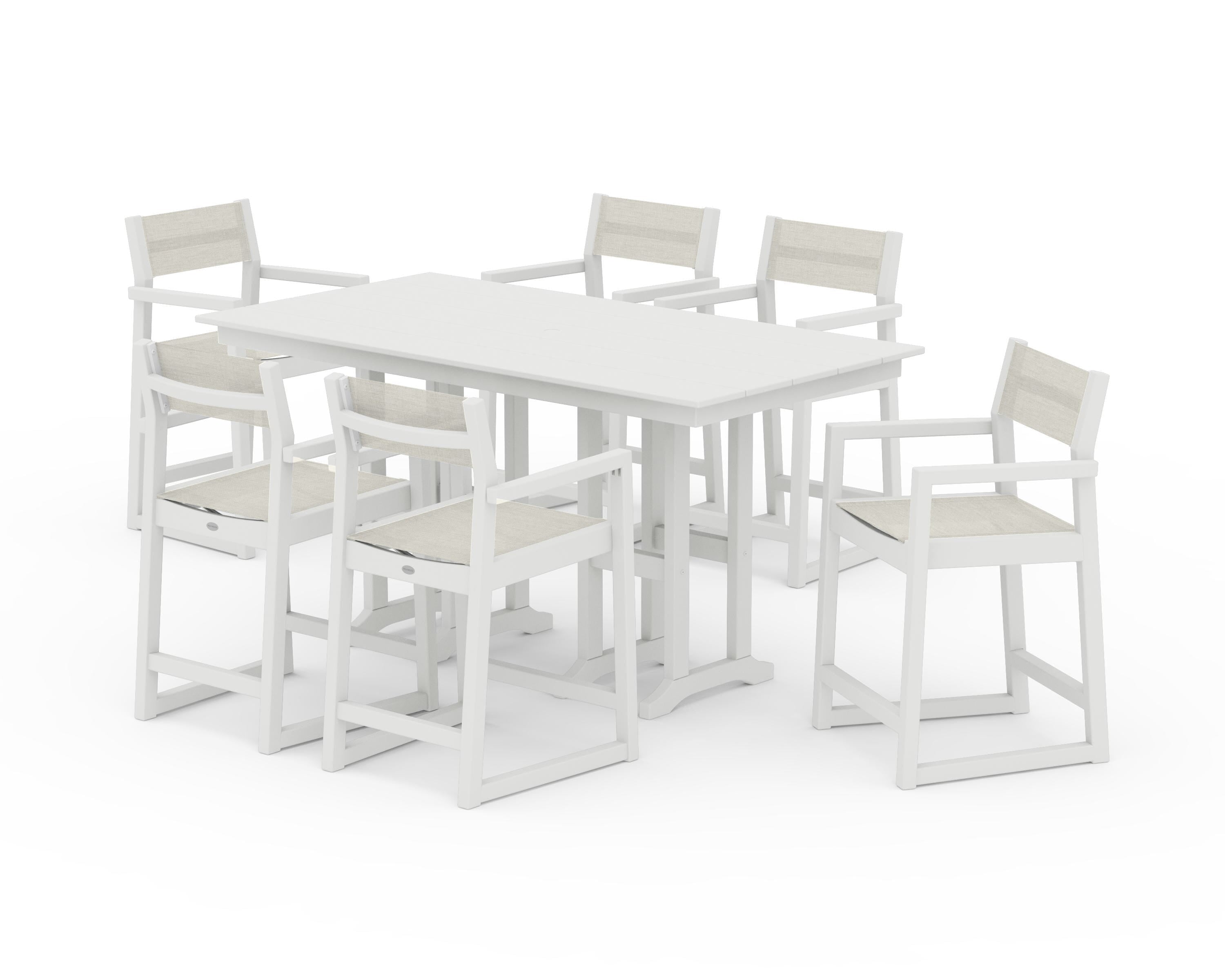 POLYWOOD EDGE Sling Arm Chair 7-Piece Farmhouse Counter Set in Vintage White / Parchment Sling