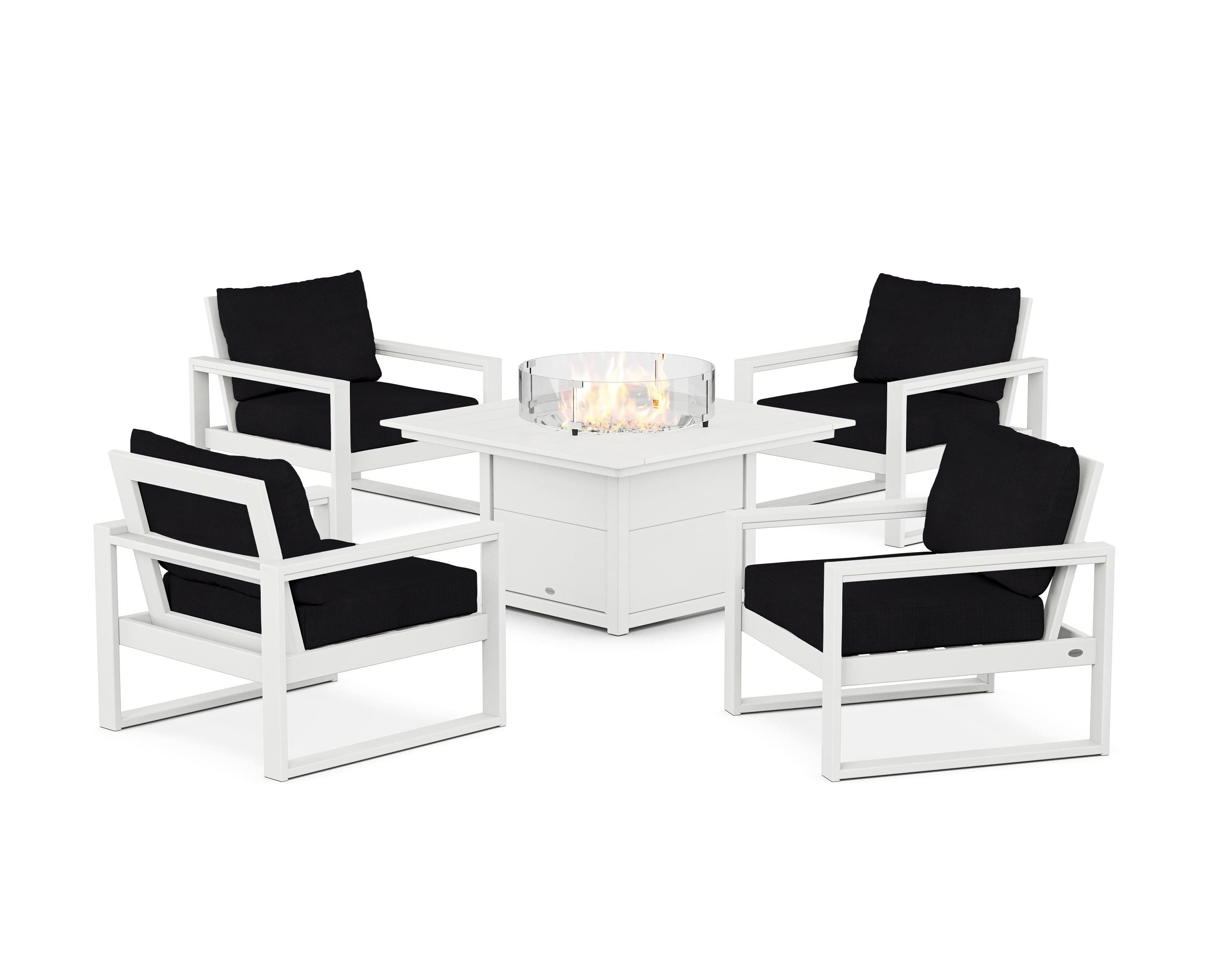 POLYWOOD EDGE Sectional 5-Piece Deep Seating Set with Fire Pit Table in White / Midnight Linen