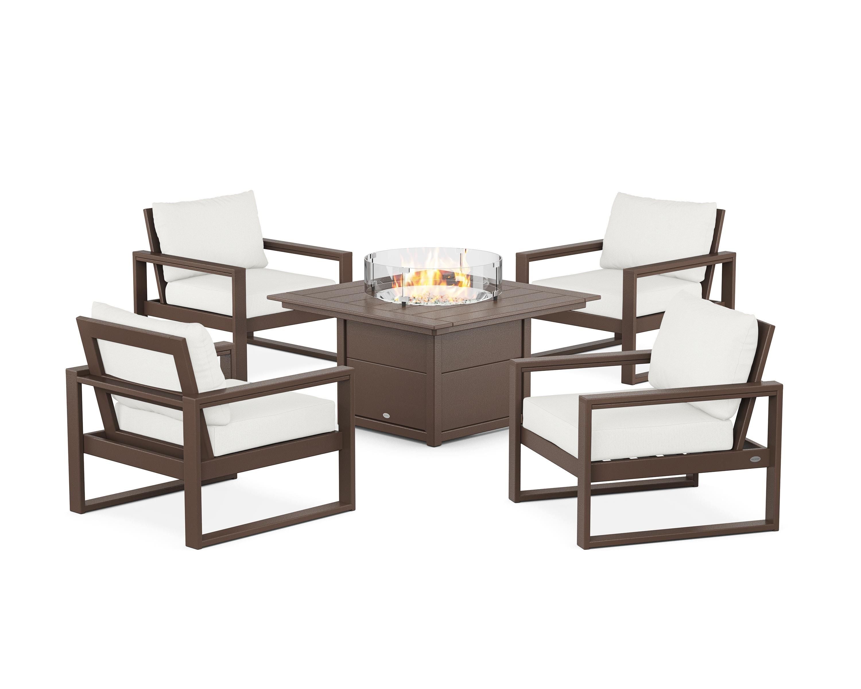 POLYWOOD EDGE Sectional 5-Piece Deep Seating Set with Fire Pit Table in Mahogany / Natural Linen