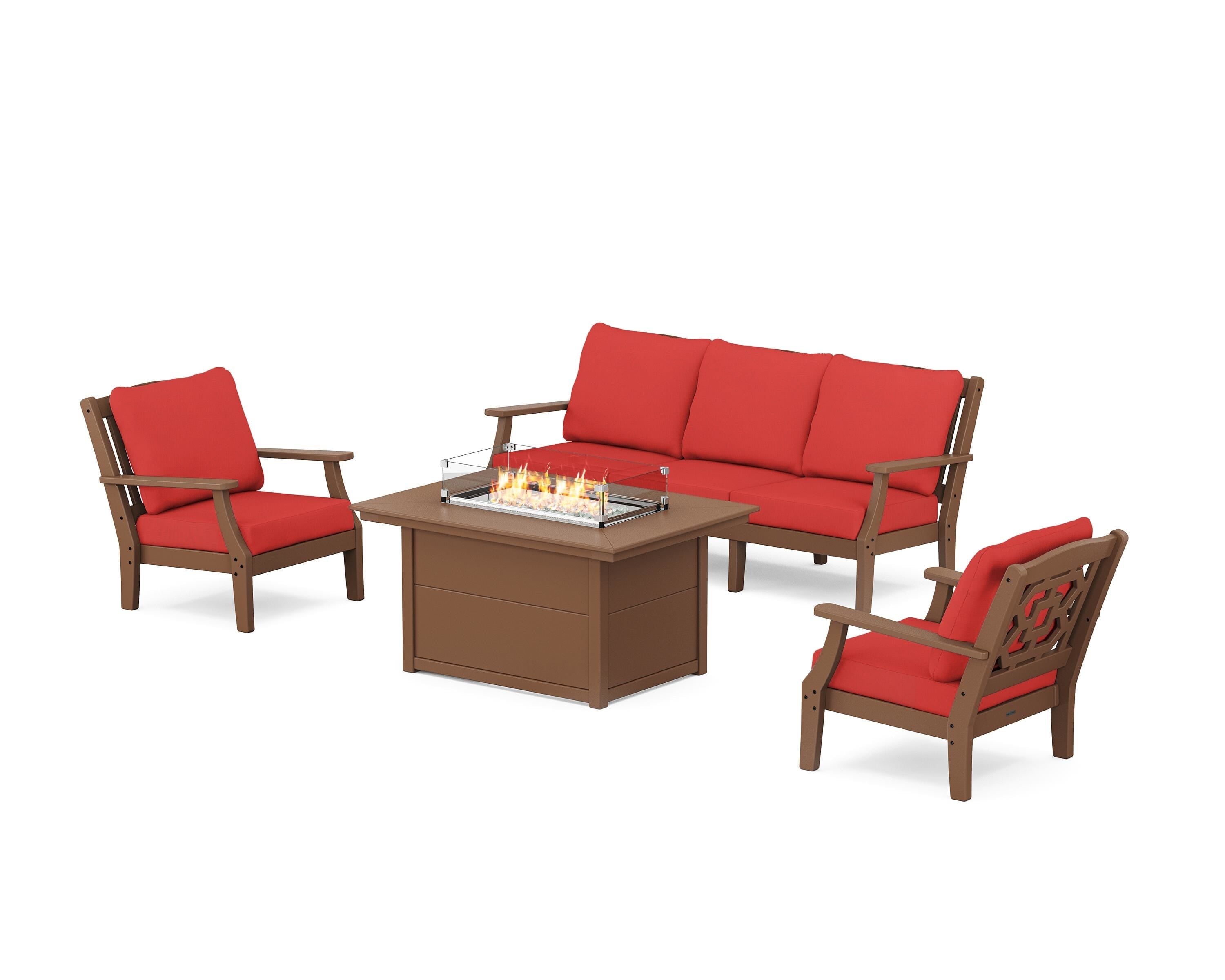 Martha Stewart by POLYWOOD Chinoiserie Deep Seating Fire Pit Table Set in Teak / Crimson Linen