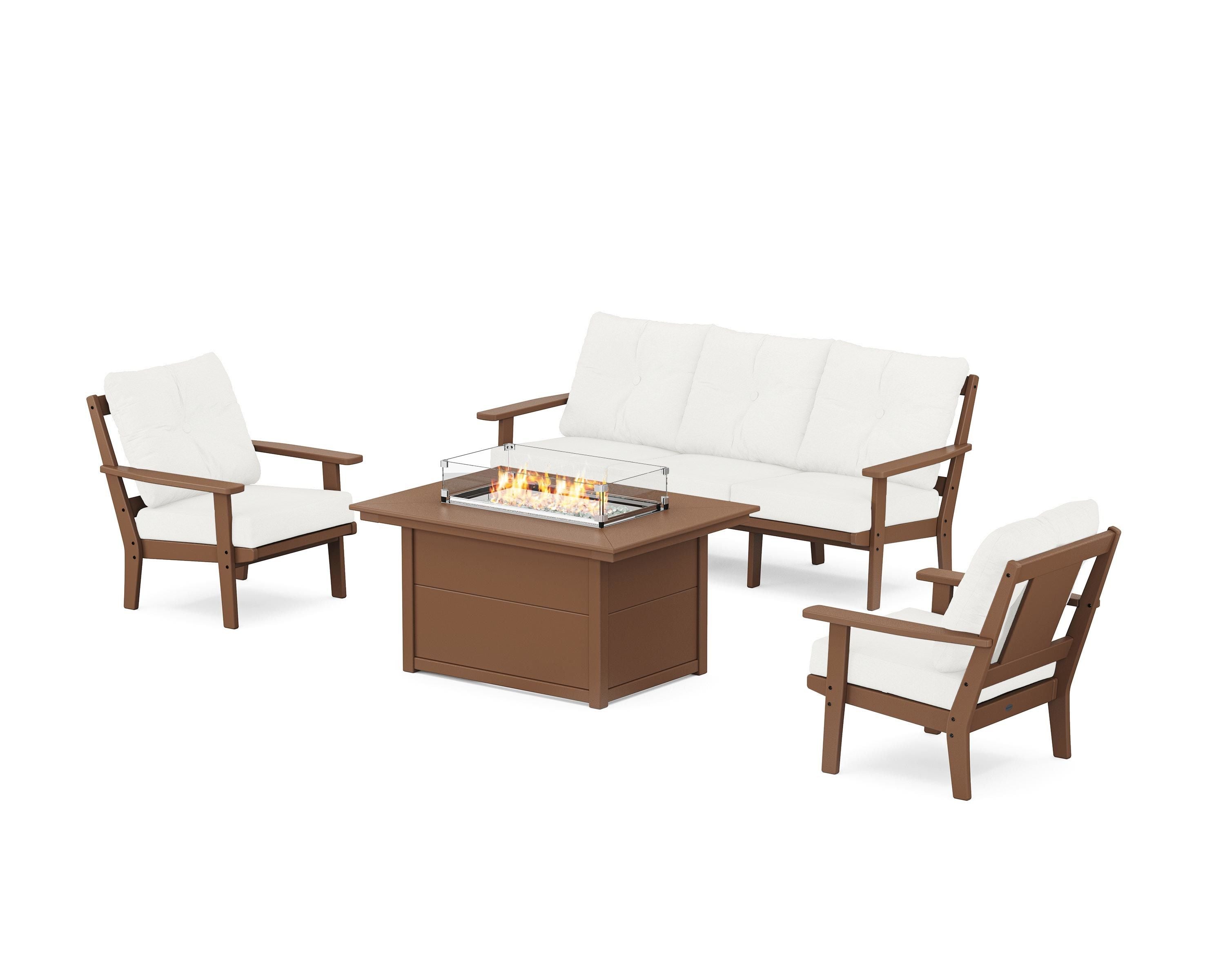 POLYWOOD Prairie Deep Seating Fire Pit Table Set in Teak / Natural Linen