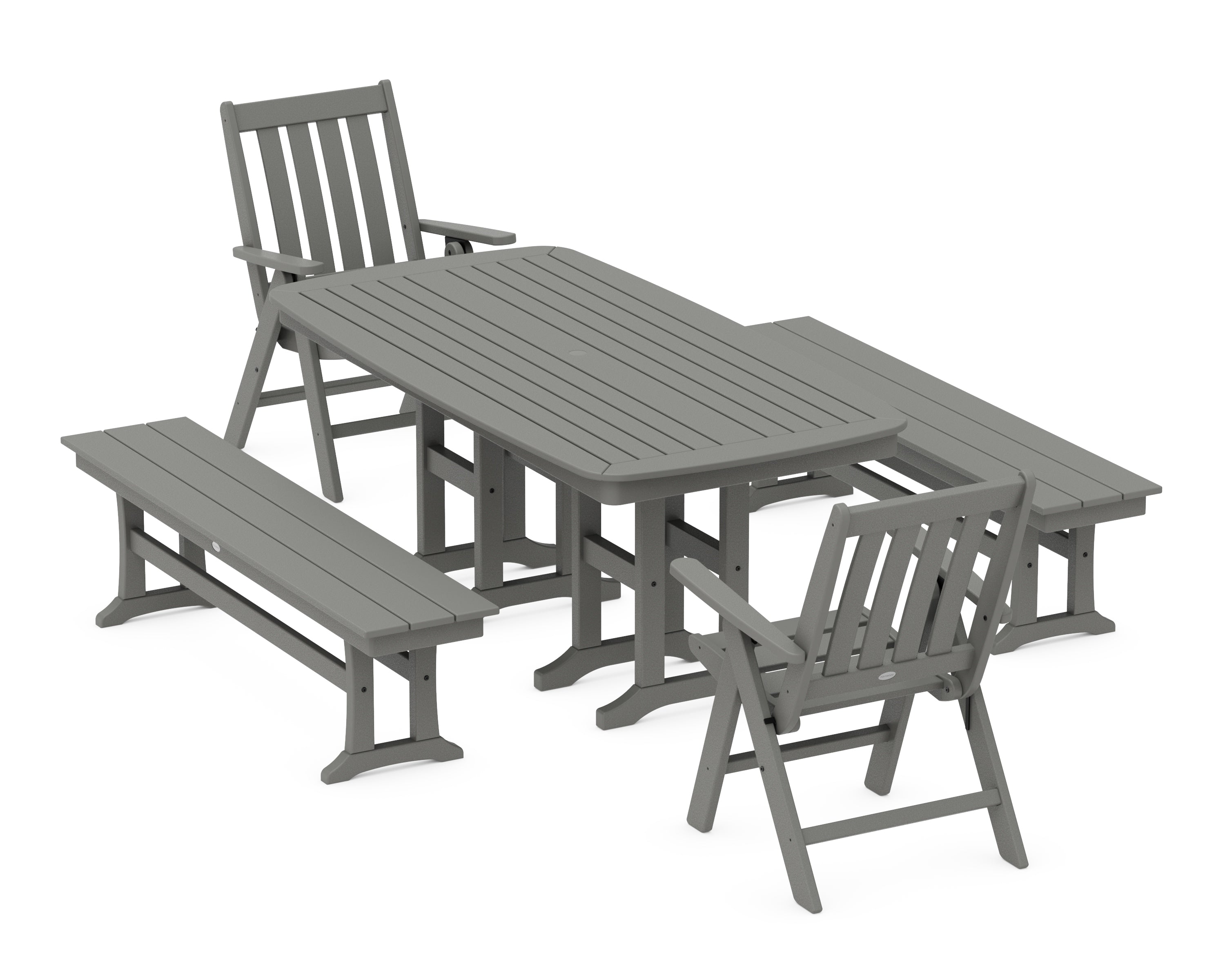 POLYWOOD Vineyard Folding Chair 6-Piece Dining Set with Benches in Slate Grey