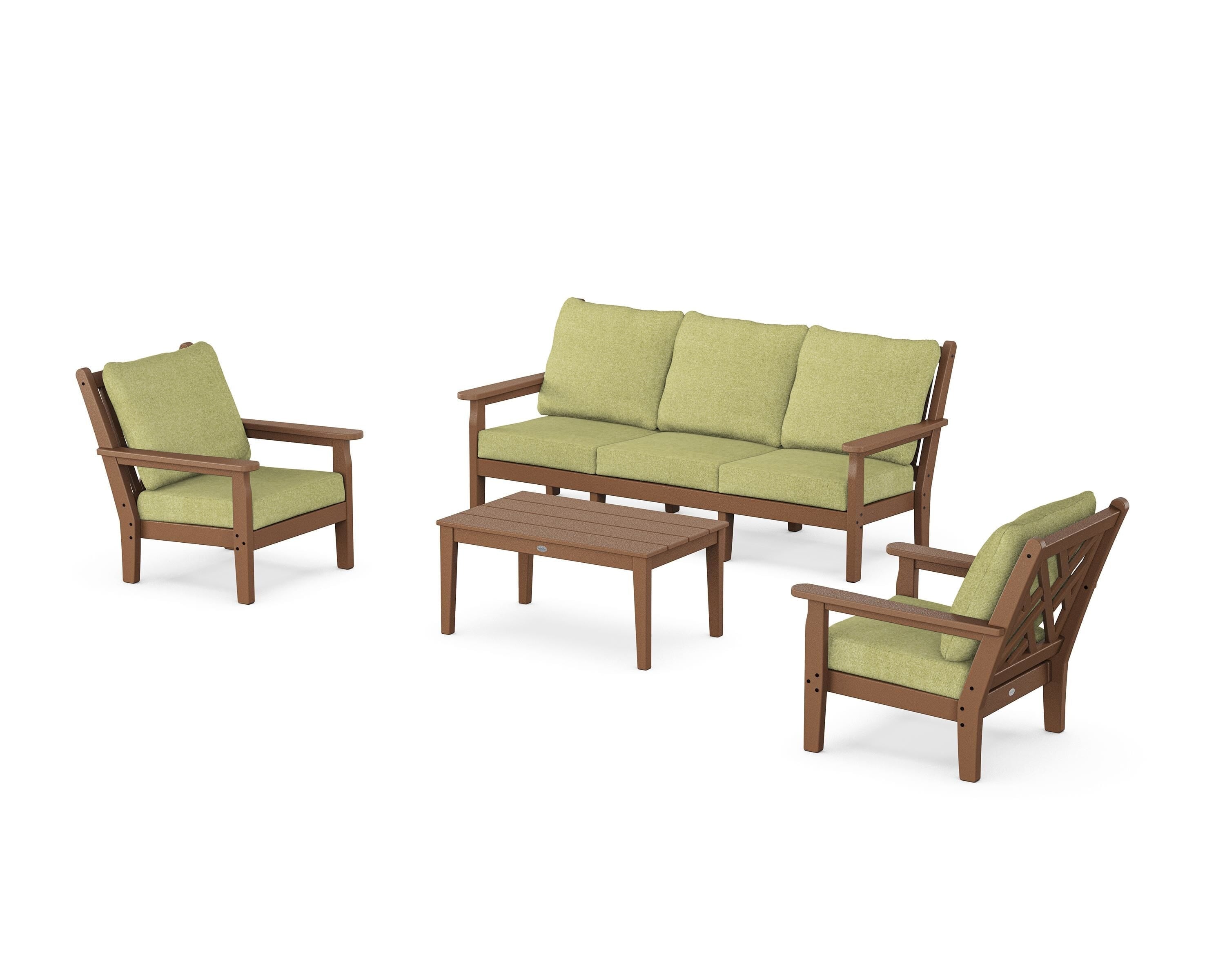 POLYWOOD Chippendale 4-Piece Deep Seating Set with Sofa in Teak / Chartreuse Boucle
