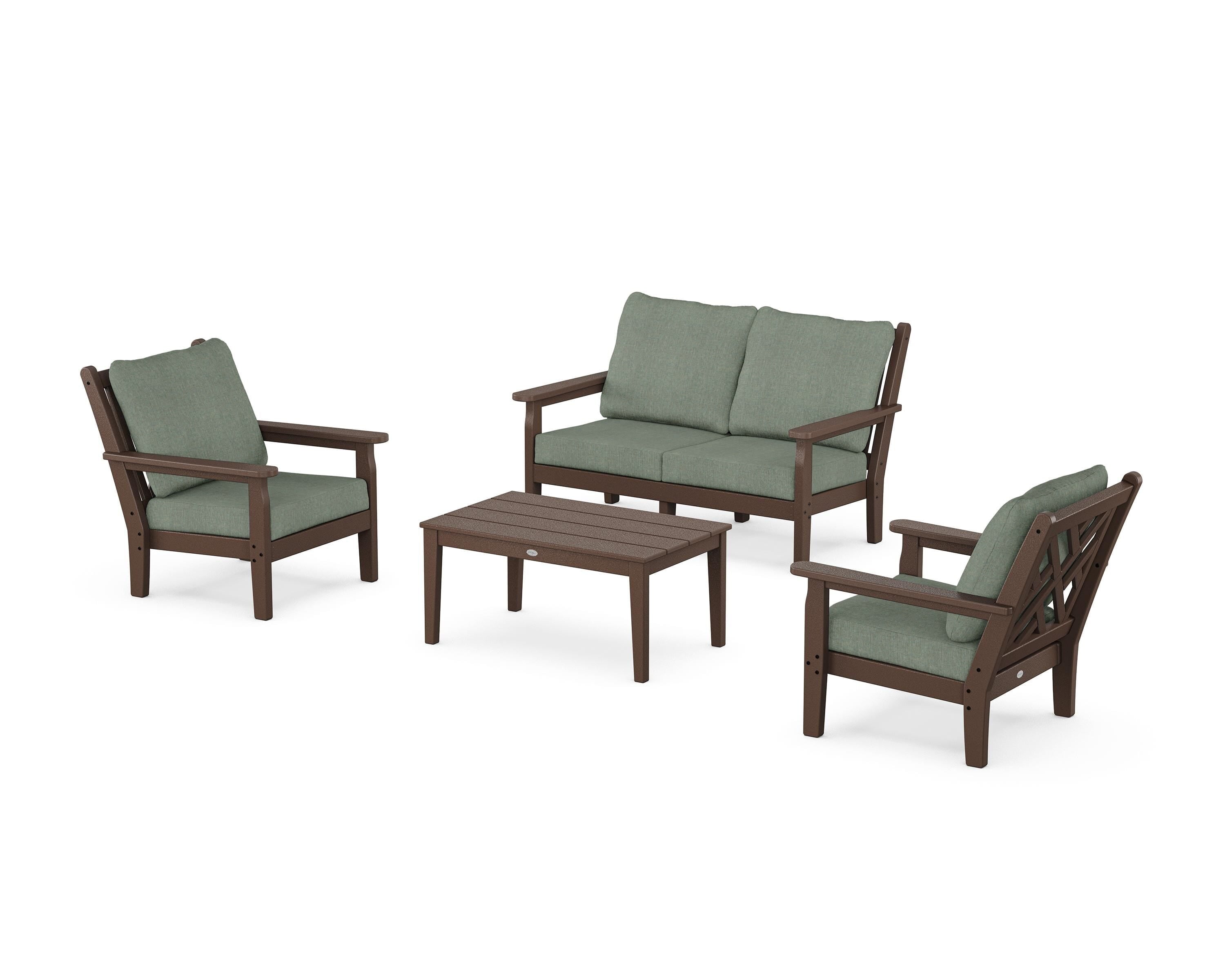 POLYWOOD Chippendale 4-Piece Deep Seating Set with Loveseat in Mahogany / Cast Sage