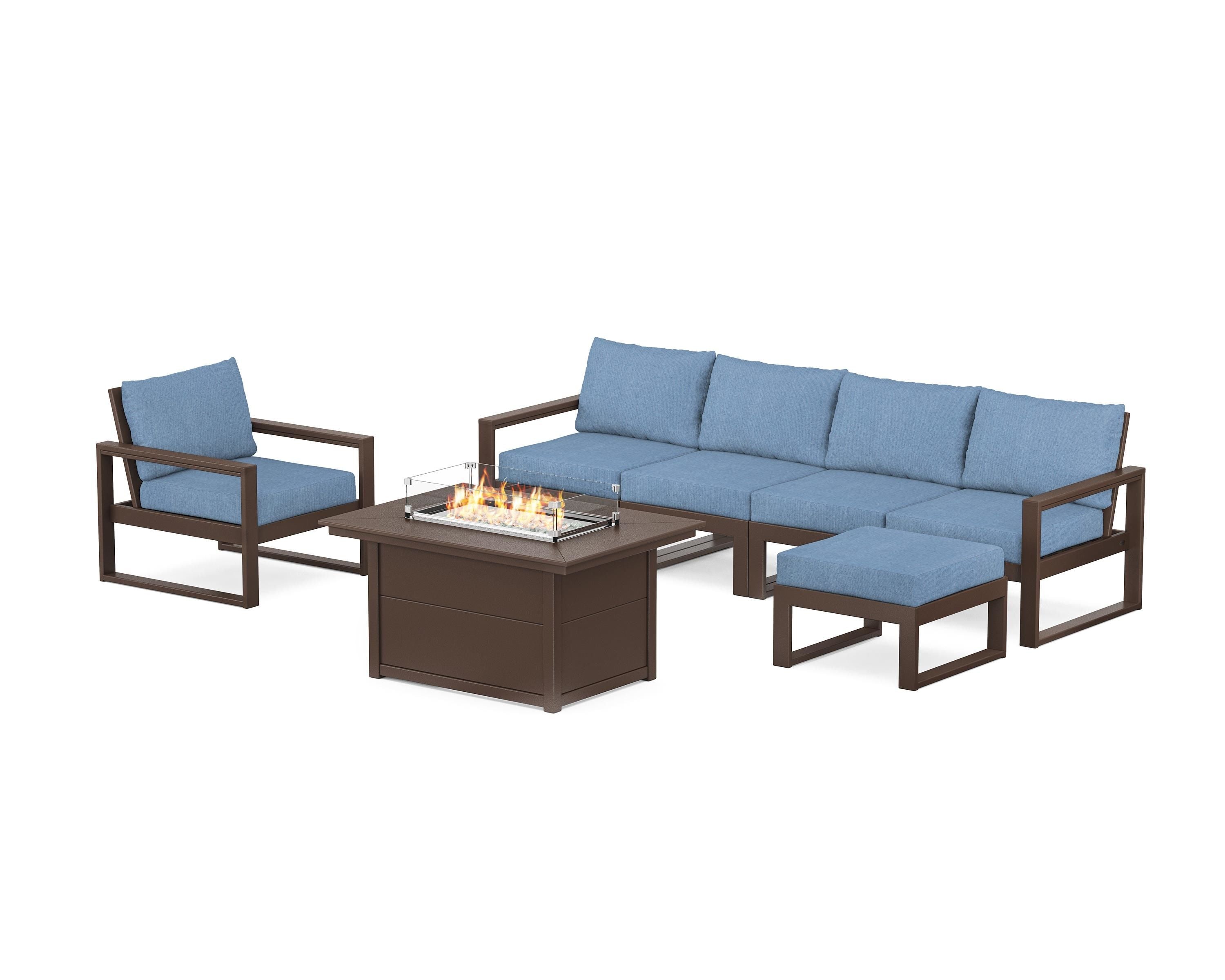 POLYWOOD EDGE Sectional Lounge and Fire Pit Set in Mahogany / Sky Blue
