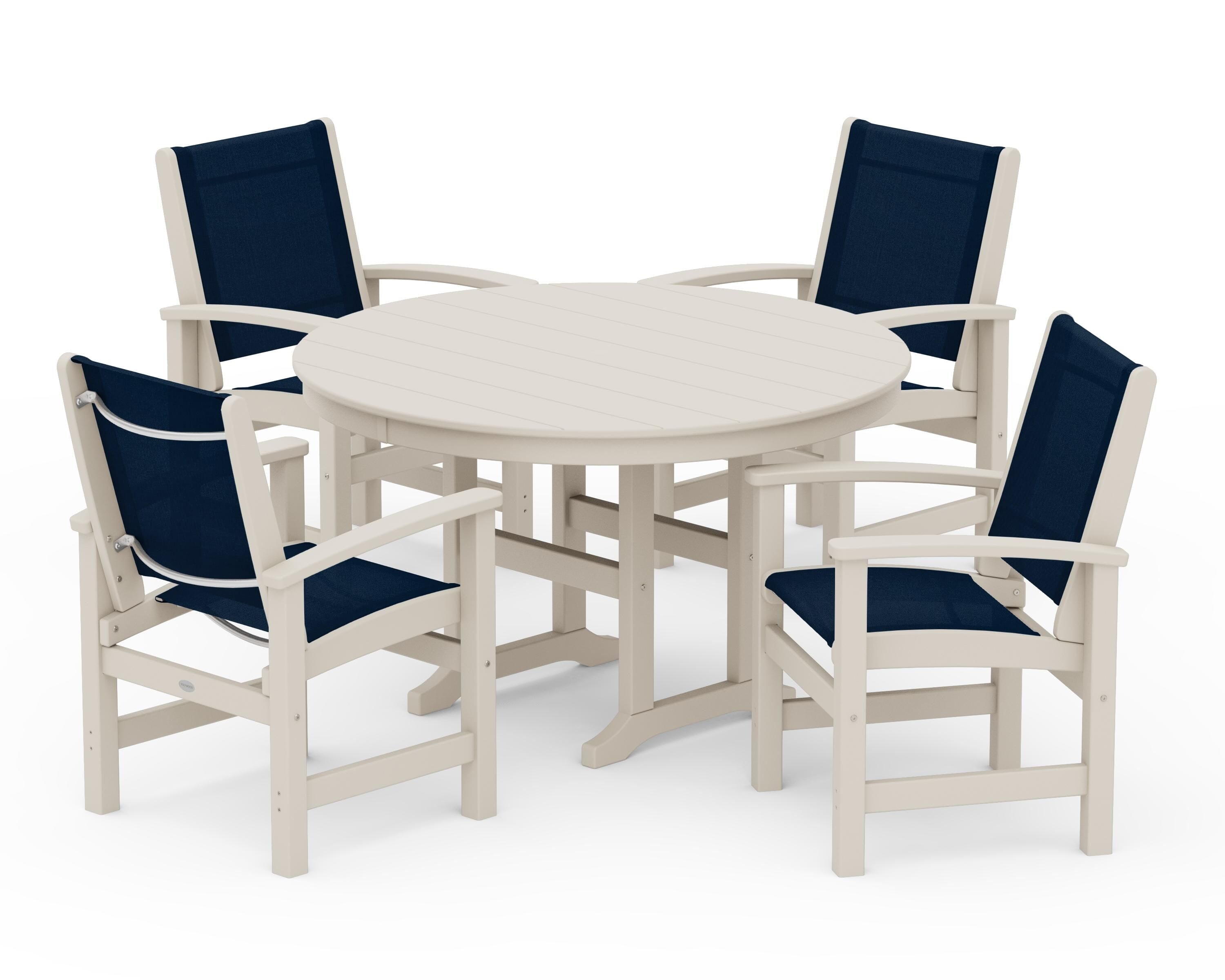 POLYWOOD Coastal 5-Piece Round Farmhouse Dining Set in Sand / Navy Blue Sling