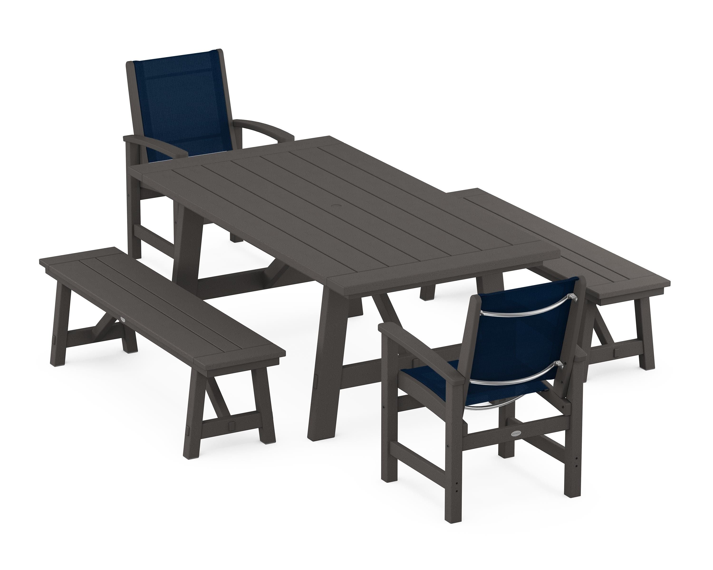 POLYWOOD Coastal 5-Piece Rustic Farmhouse Dining Set With Benches in Vintage Coffee / Navy Blue Sling