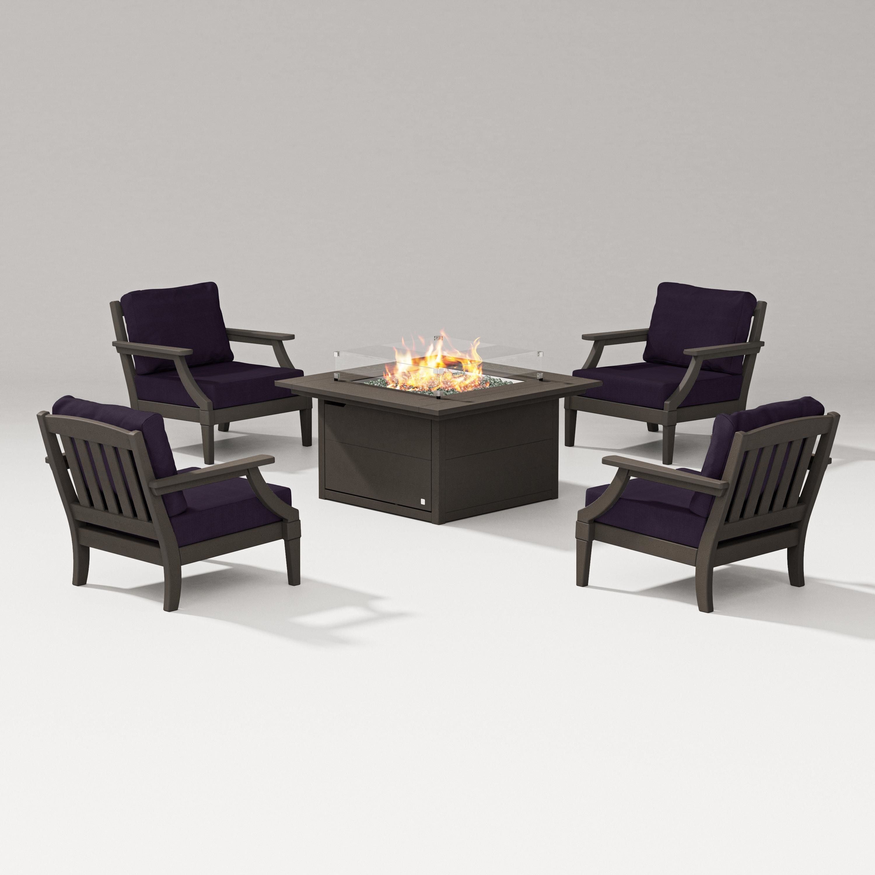 PW Designer Series Estate 5-Piece Lounge Fire Table Set in Vintage Coffee / Navy Linen