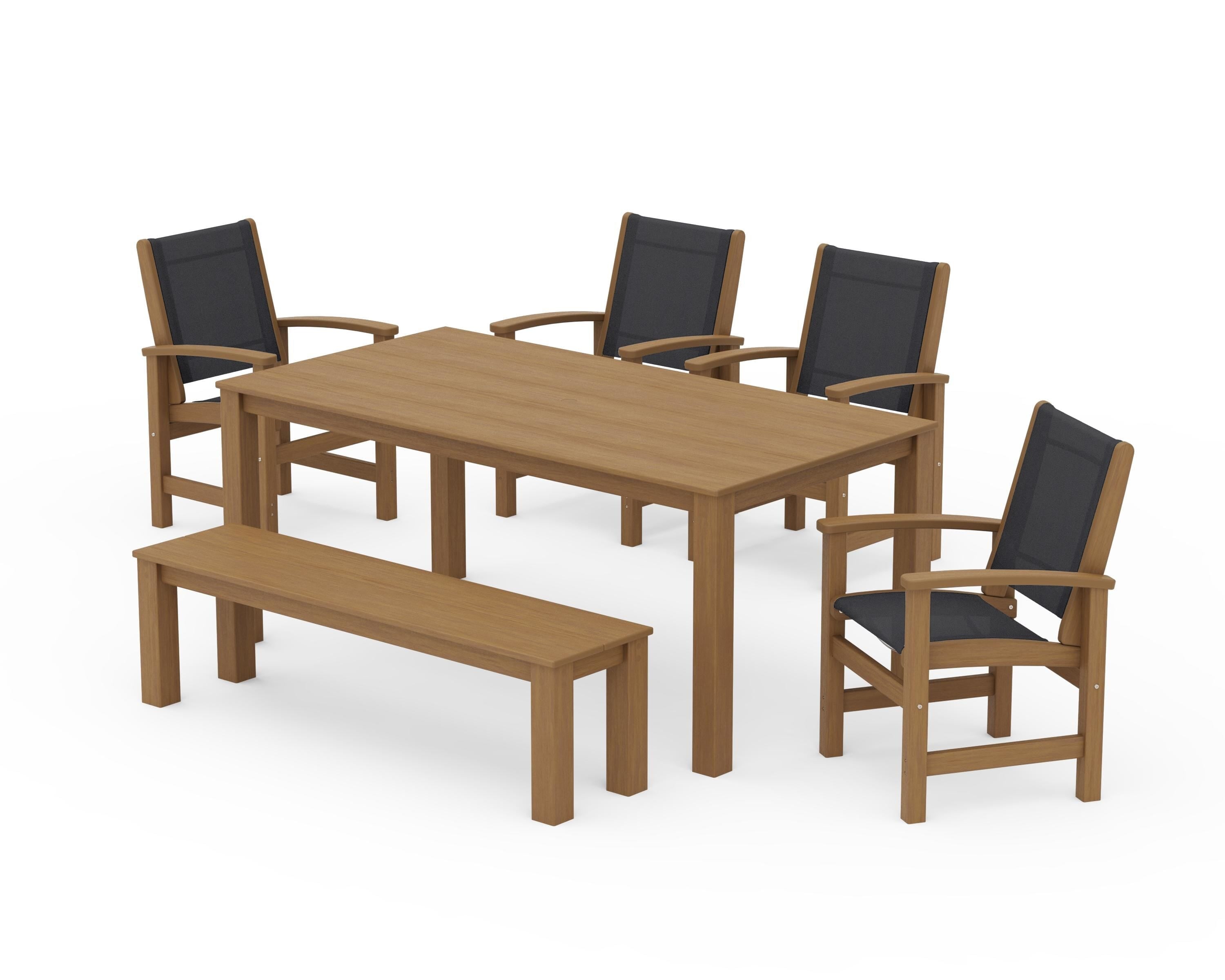 POLYWOOD Coastal 6-Piece Parsons Dining Set with Bench in Natural / Black Sling