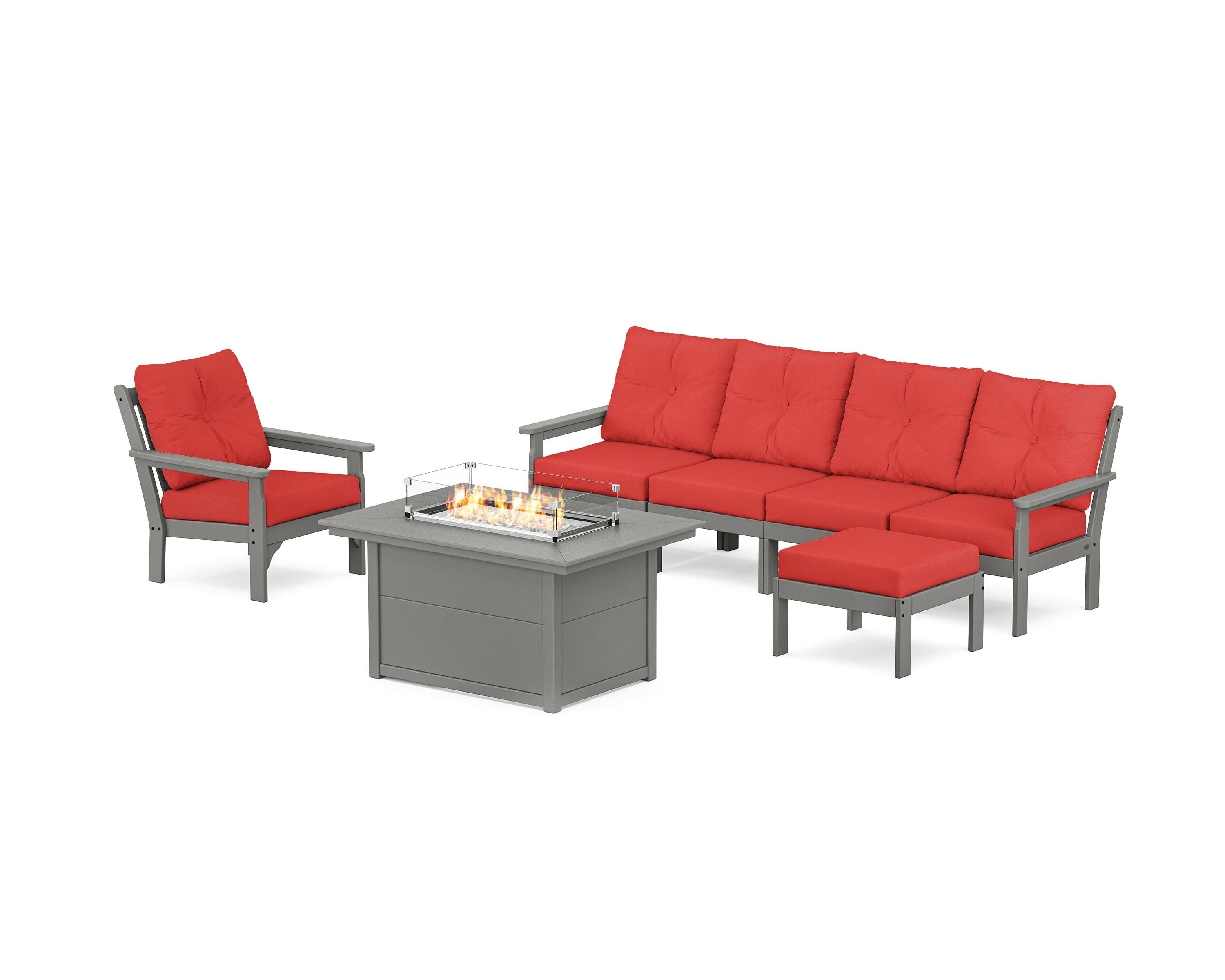 POLYWOOD Vineyard Sectional Lounge and Fire Pit Set in Slate Grey / Crimson Linen