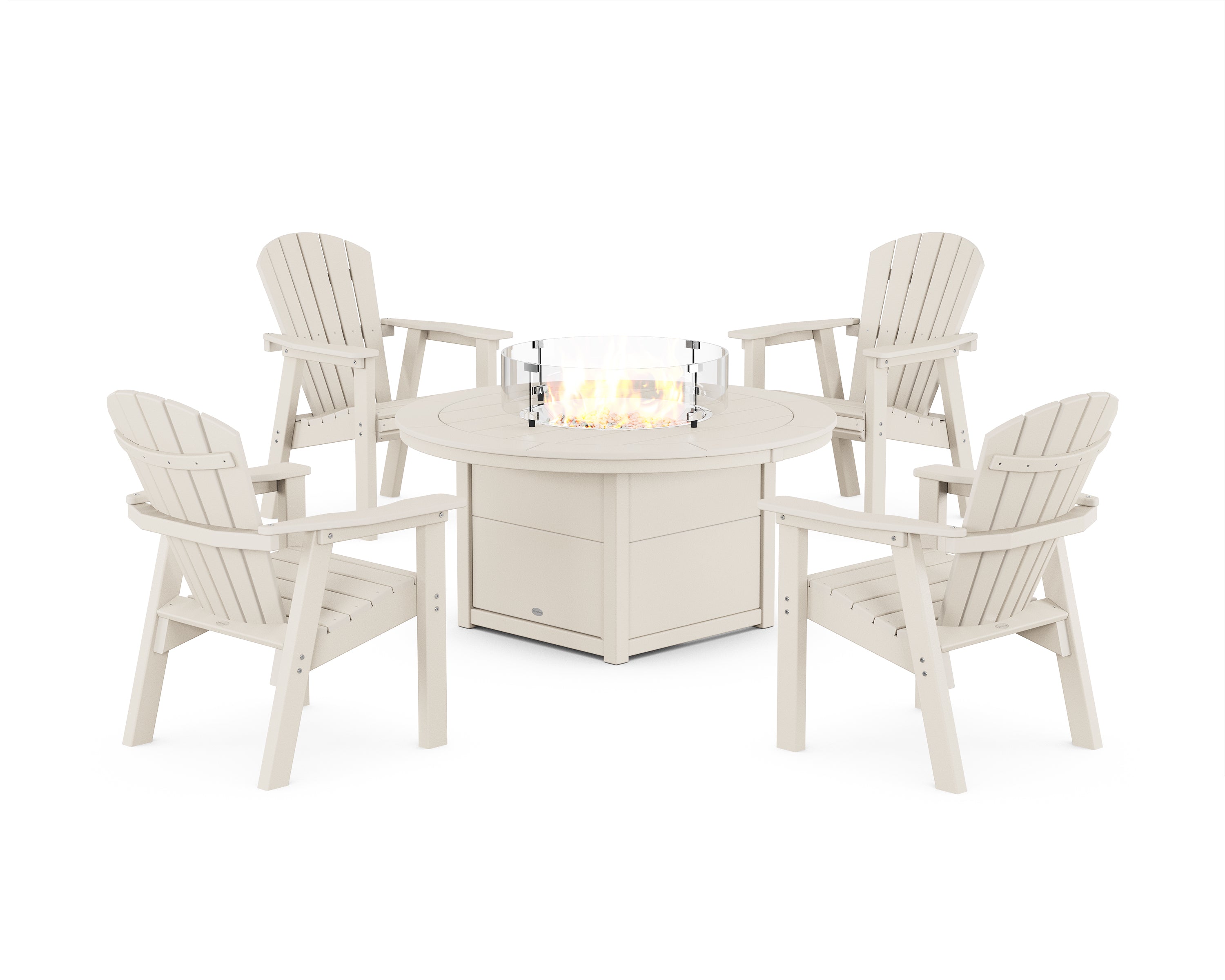 POLYWOOD Seashell 4-Piece Upright Adirondack Conversation Set with Fire Pit Table in Sand