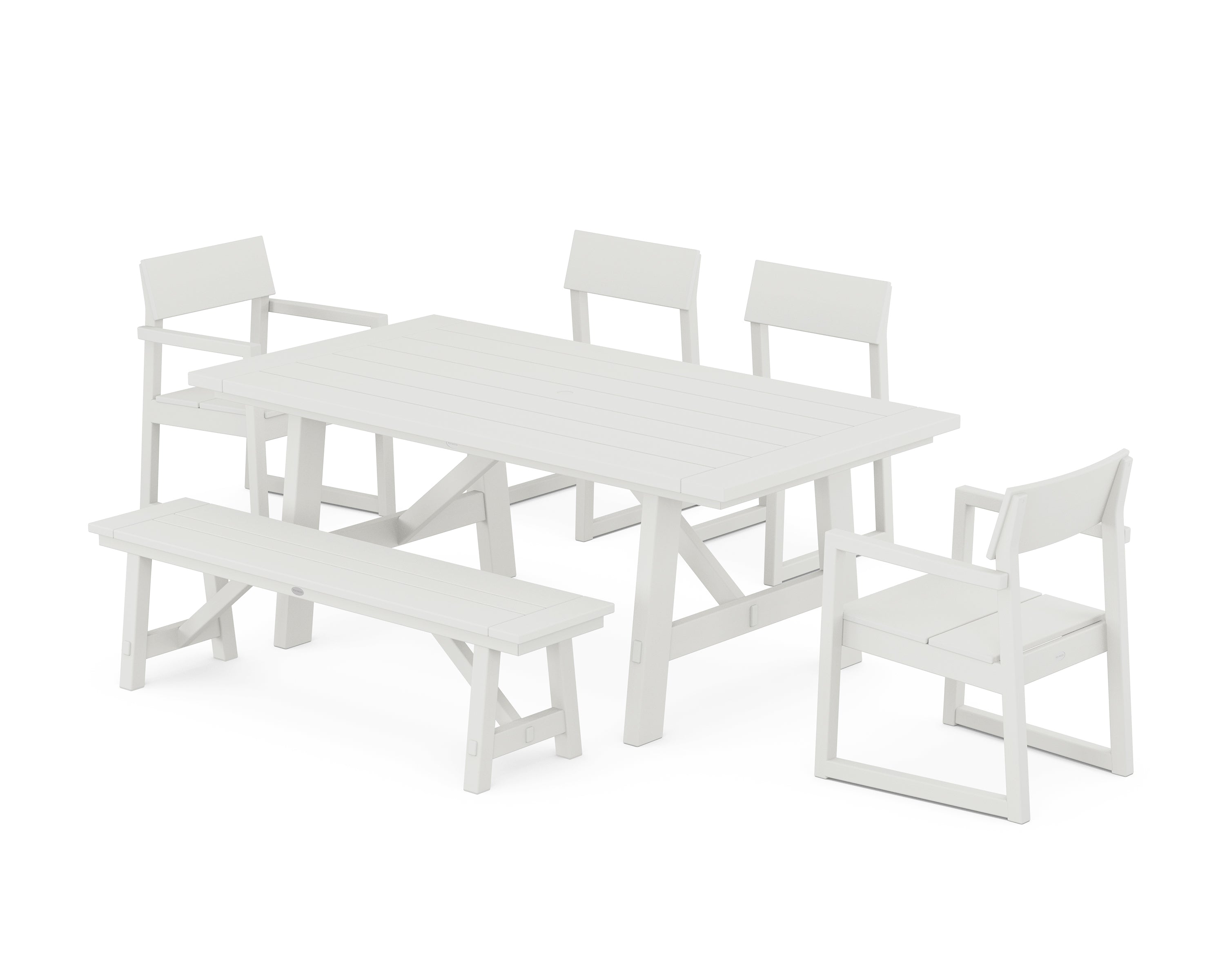 POLYWOOD EDGE 6-Piece Rustic Farmhouse Dining Set with Bench in Vintage White