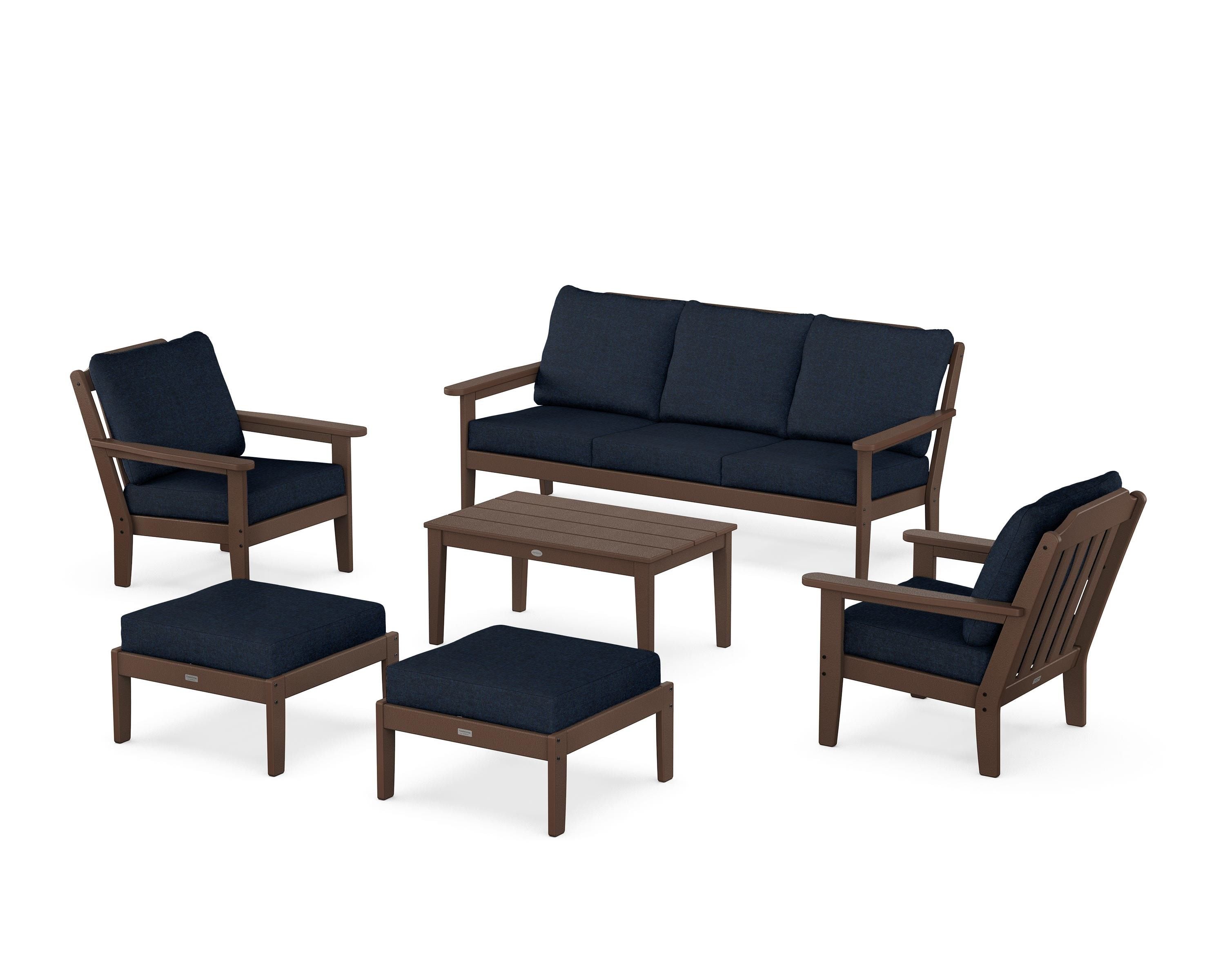 Country Living Cottage 6-Piece Lounge Sofa Set in Mahogany / Marine Indigo
