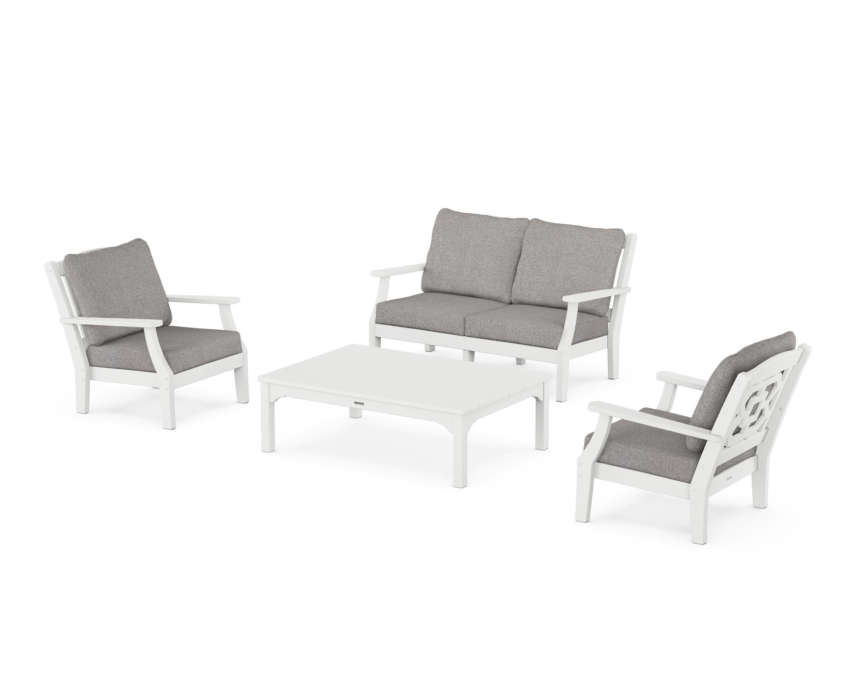 Martha Stewart by POLYWOOD Chinoiserie 4-Piece Deep Seating Set with Loveseat in White / Grey Mist