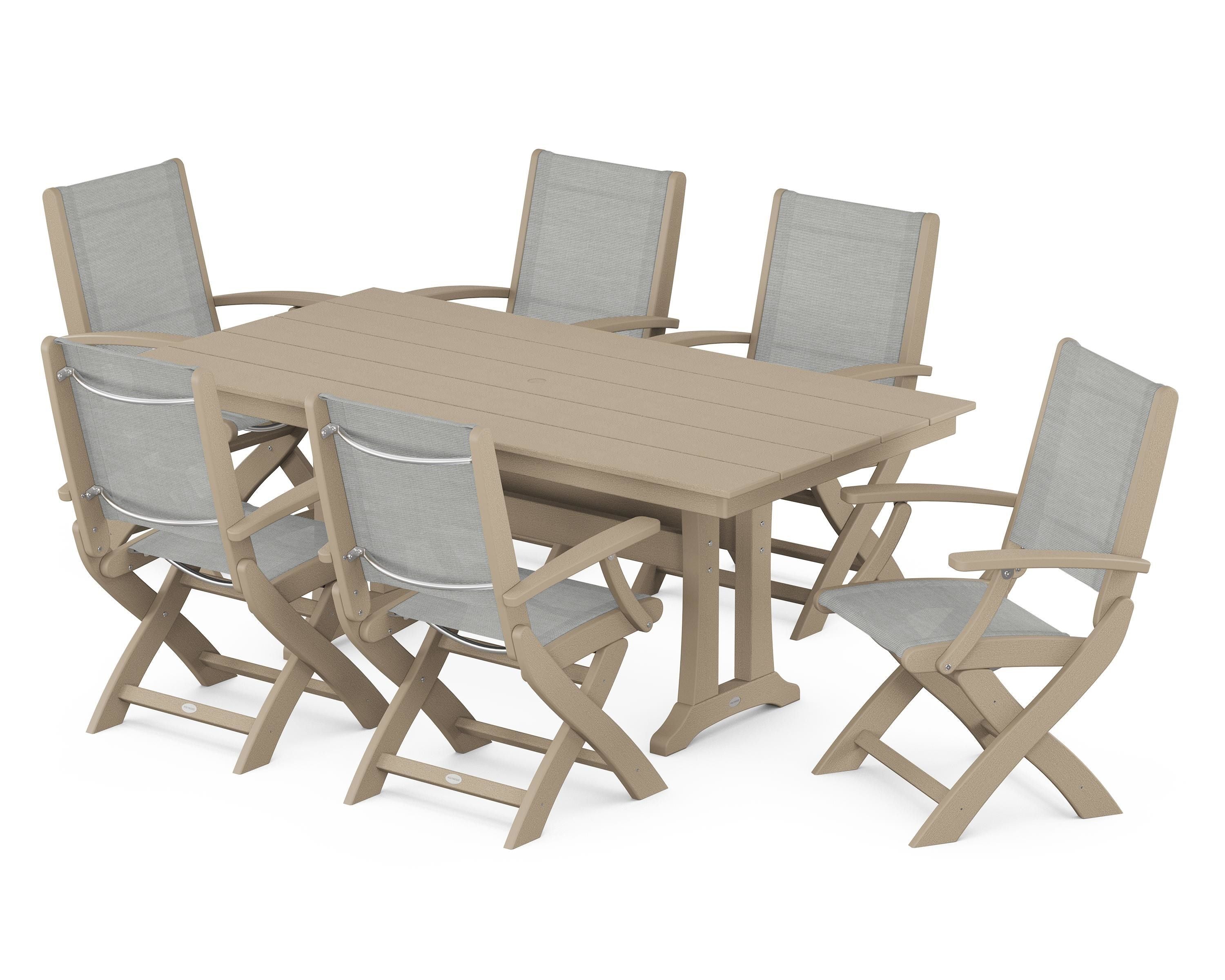 POLYWOOD Coastal Folding Arm Chair 7-Piece Farmhouse Dining Set with Trestle Legs in Vintage Sahara / Metallic Sling