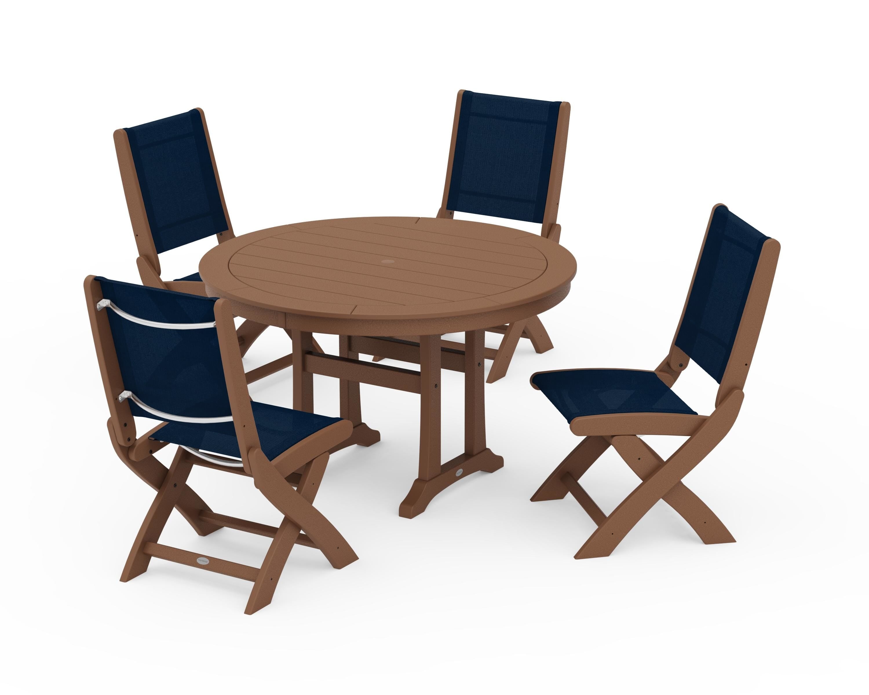 POLYWOOD Coastal Folding Side Chair 5-Piece Round Dining Set With Trestle Legs in Teak / Navy Blue Sling
