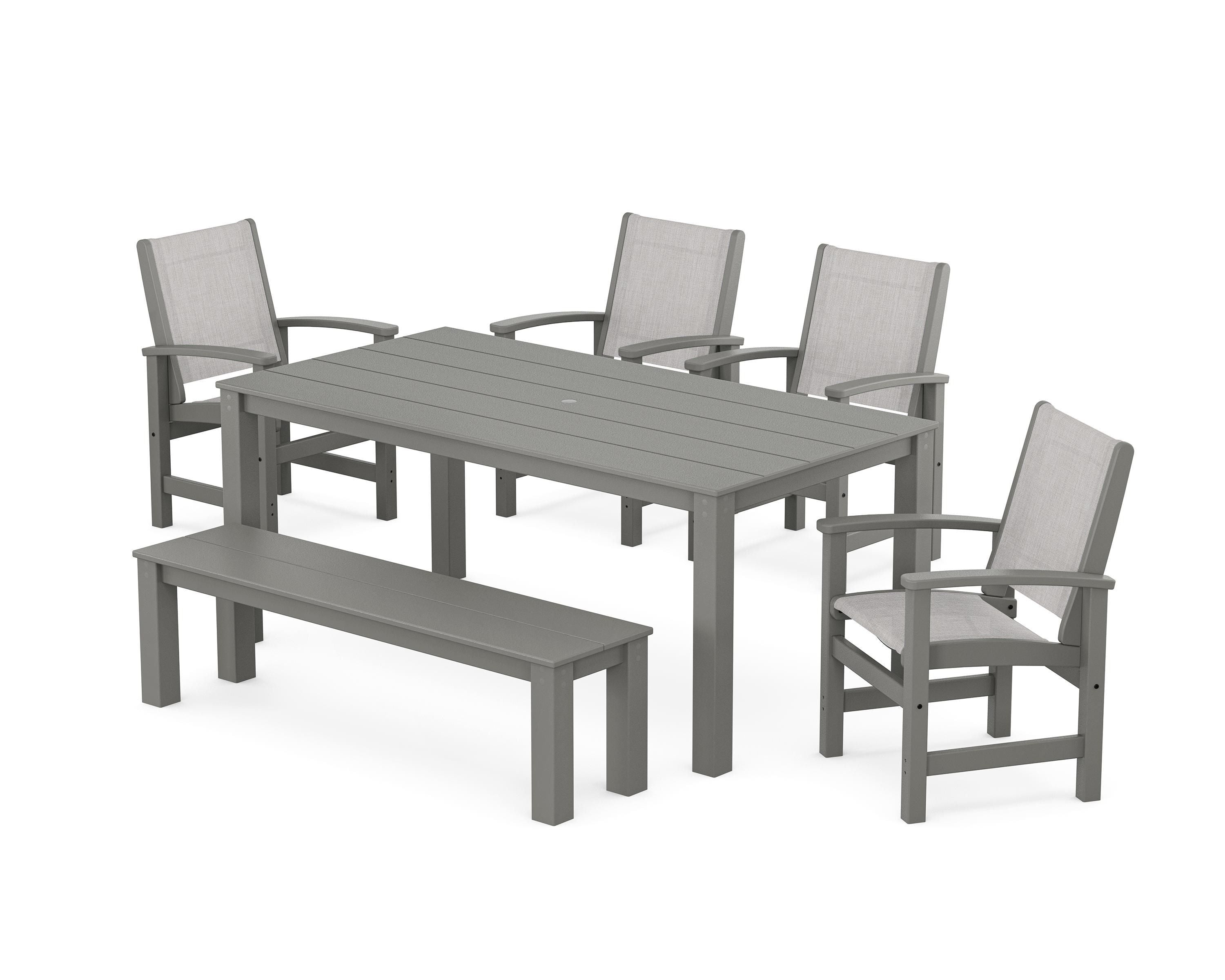 POLYWOOD Coastal 6-Piece Parsons Dining Set with Bench in White / Dupioni Sea Mist Sling