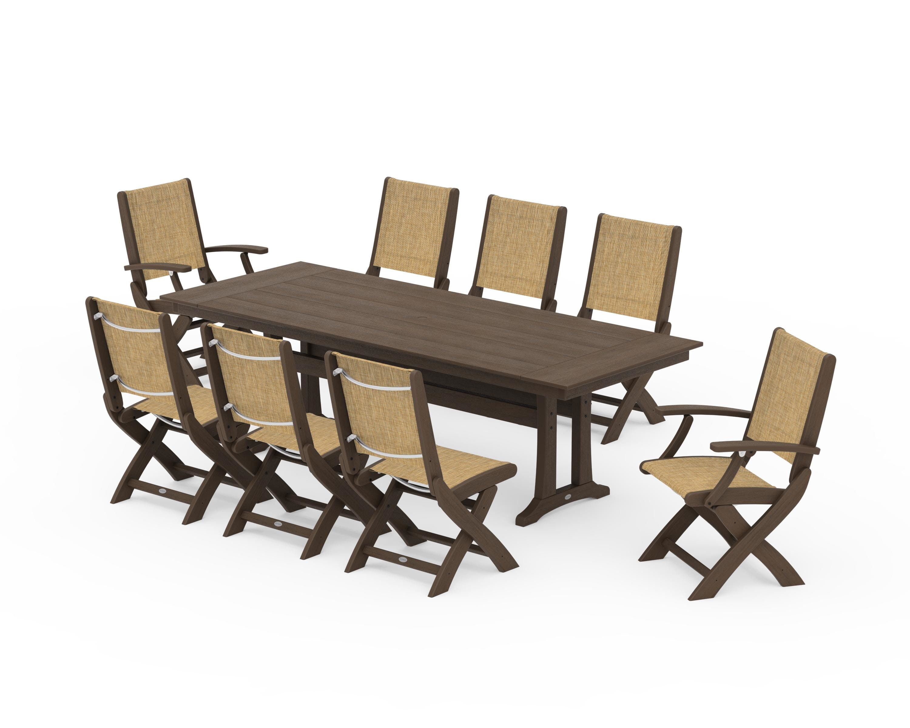 POLYWOOD Coastal 9-Piece Folding Dining Chair Farmhouse Dining Set with Trestle Legs in Kona / Burlap Sling