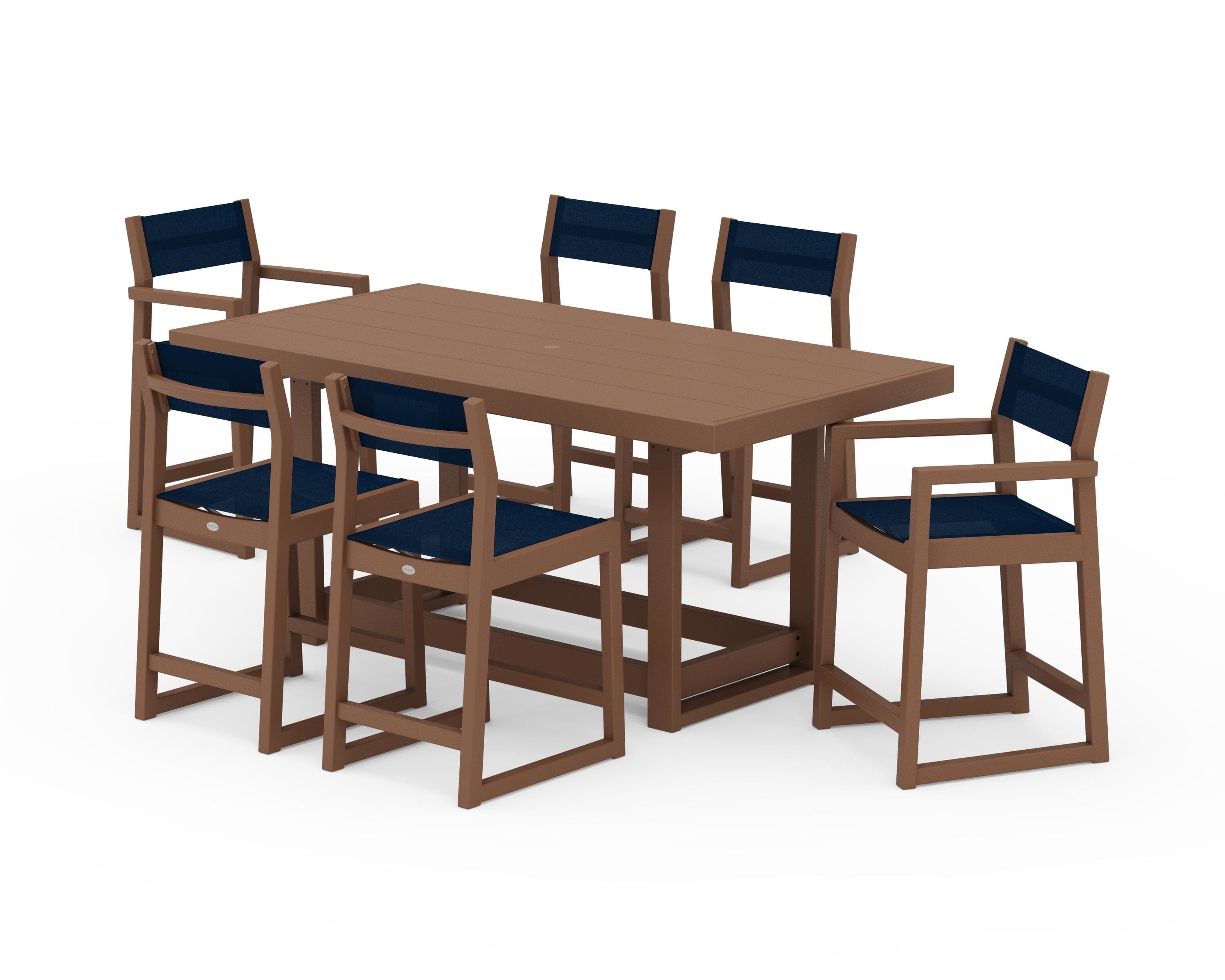POLYWOOD EDGE Sling 7-Piece Counter Table Set in Teak / Navy Blue Sling