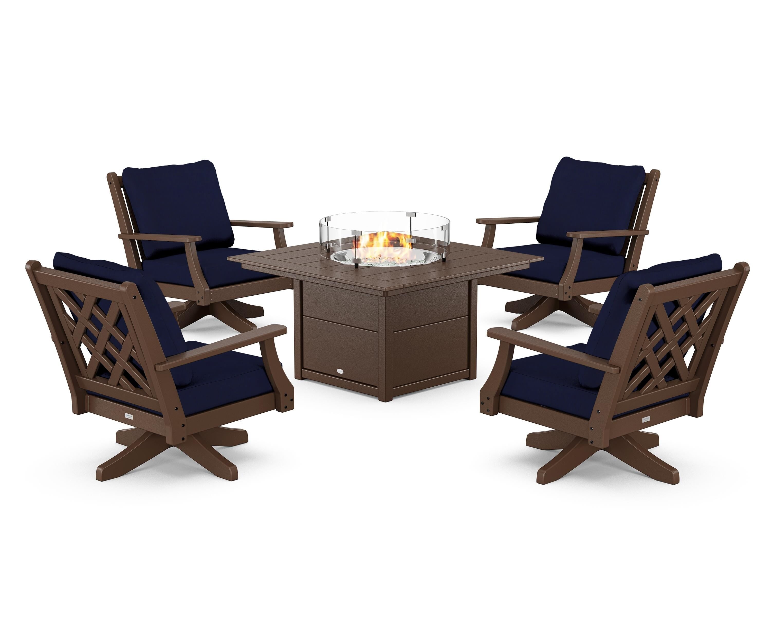 Country Living Wovendale 5-Piece Deep Seating Swivel Conversation Set with Fire Pit Table in Mahogany / Navy