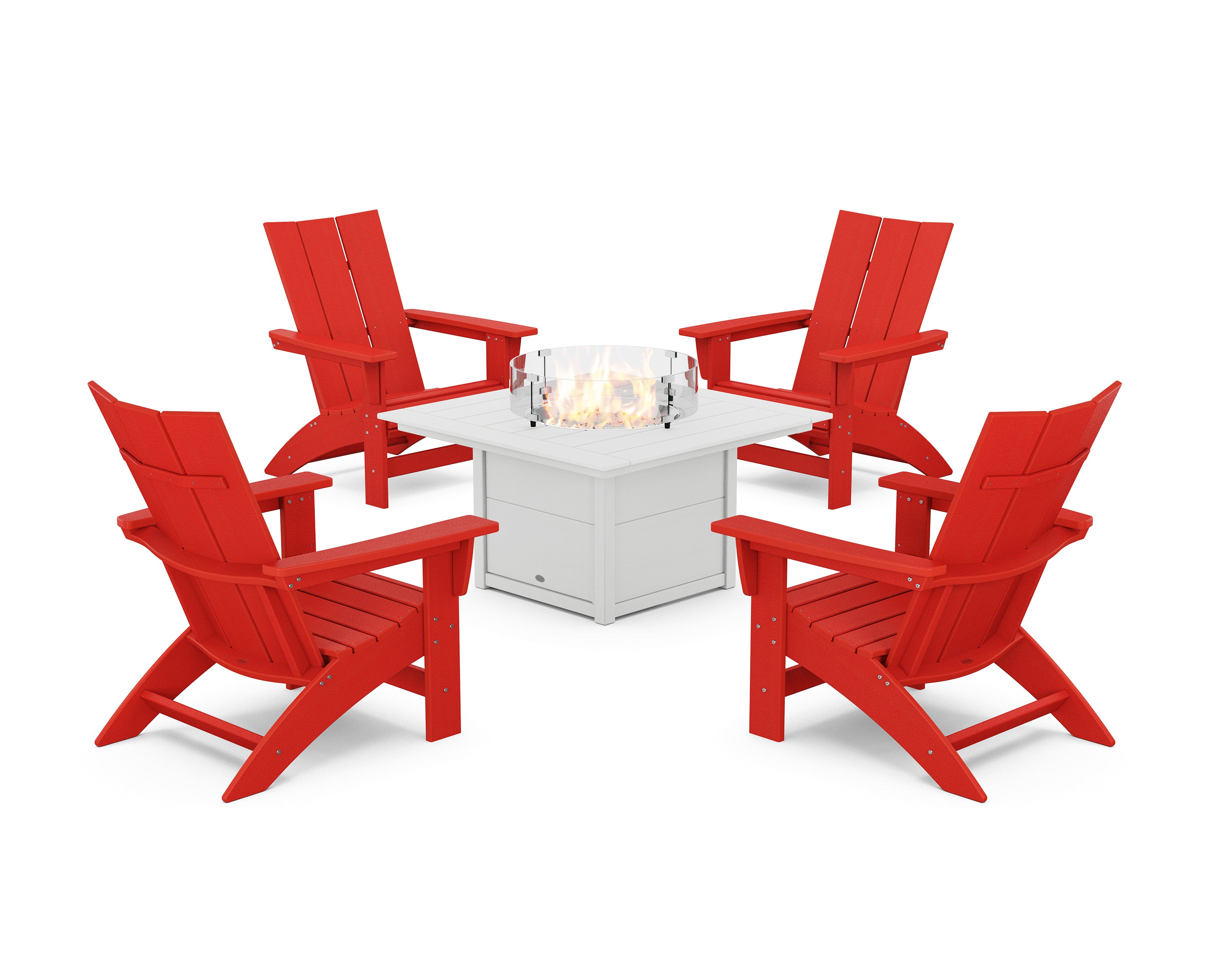 POLYWOOD 5-Piece Modern Grand Adirondack Conversation Set with Fire Pit Table in Sunset Red / White