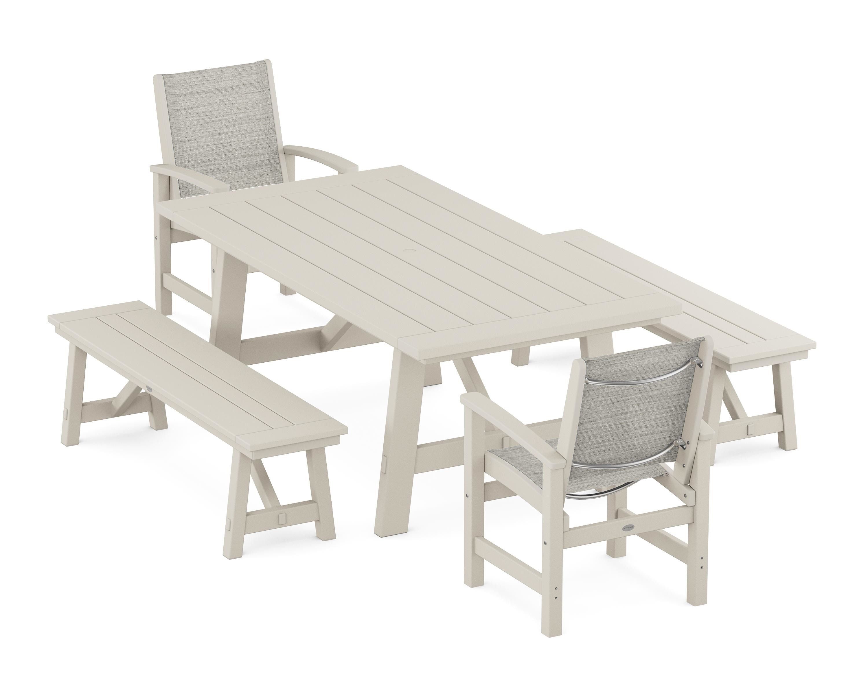POLYWOOD Coastal 5-Piece Rustic Farmhouse Dining Set With Benches in Sand / Birch Sling
