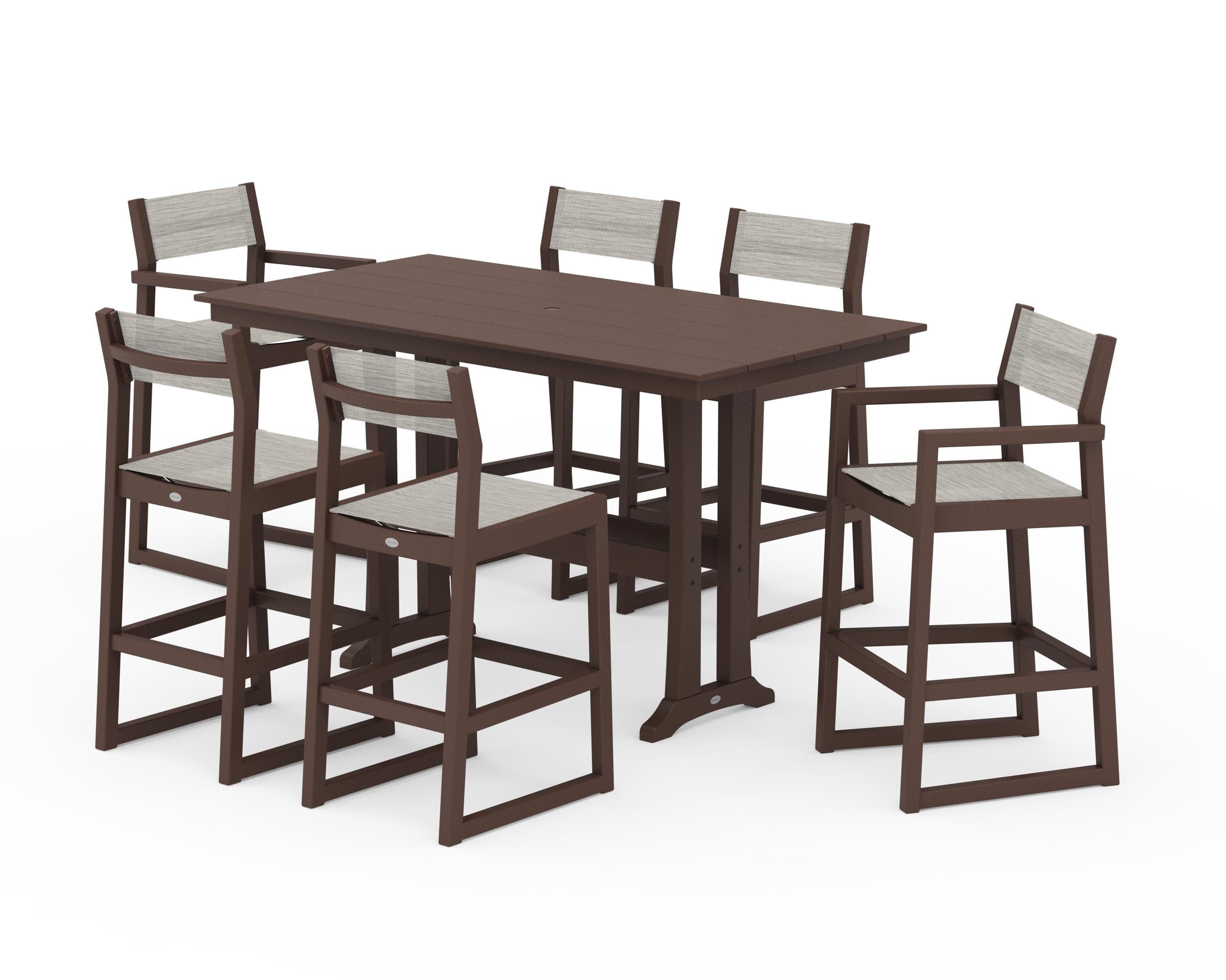POLYWOOD EDGE Sling 7-Piece Farmhouse Bar Set with Trestle Legs in Mahogany / Birch Sling
