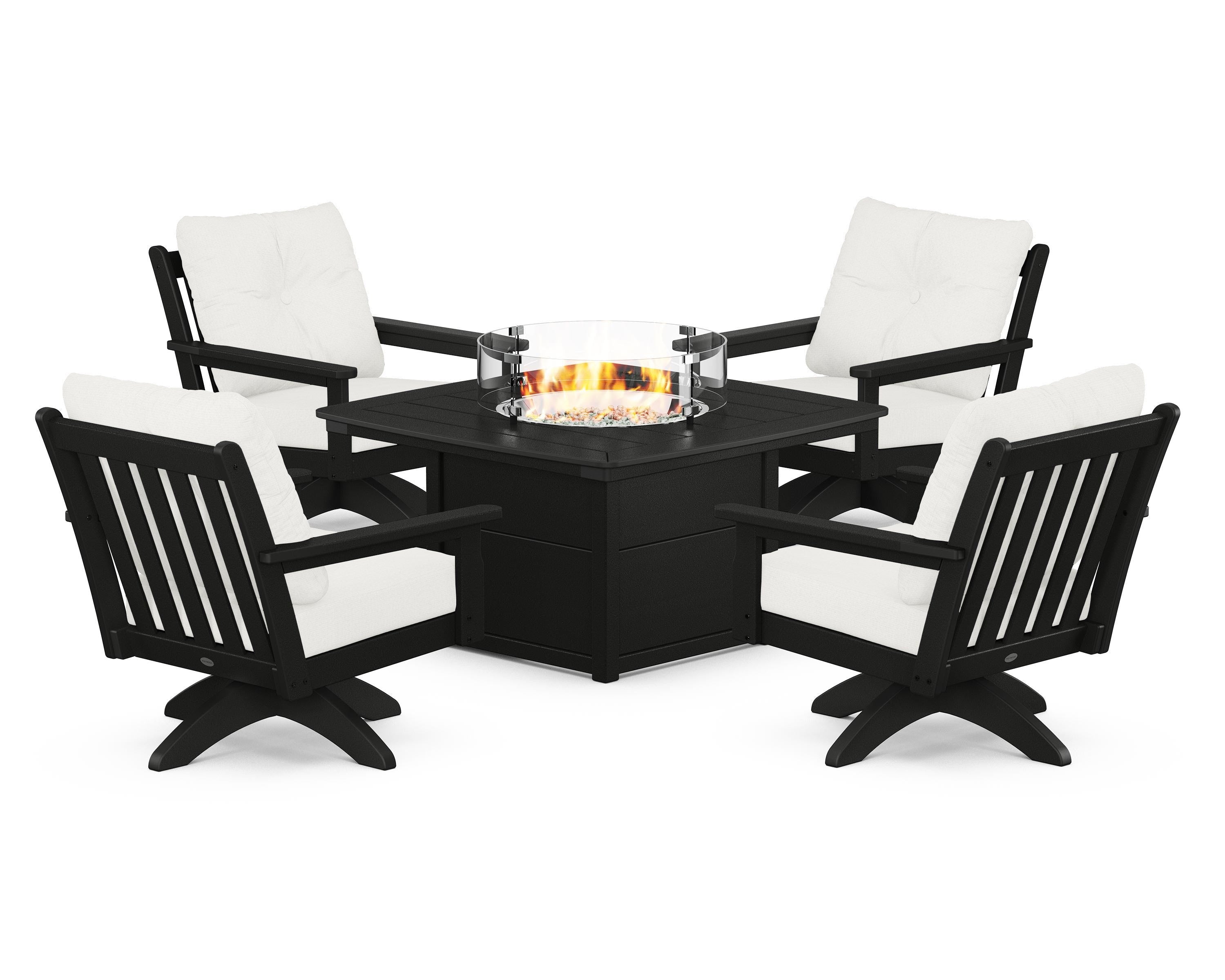 POLYWOOD Vineyard 5-Piece Deep Seating Swivel Conversation Set with Fire Pit Table in Black / Natural Linen