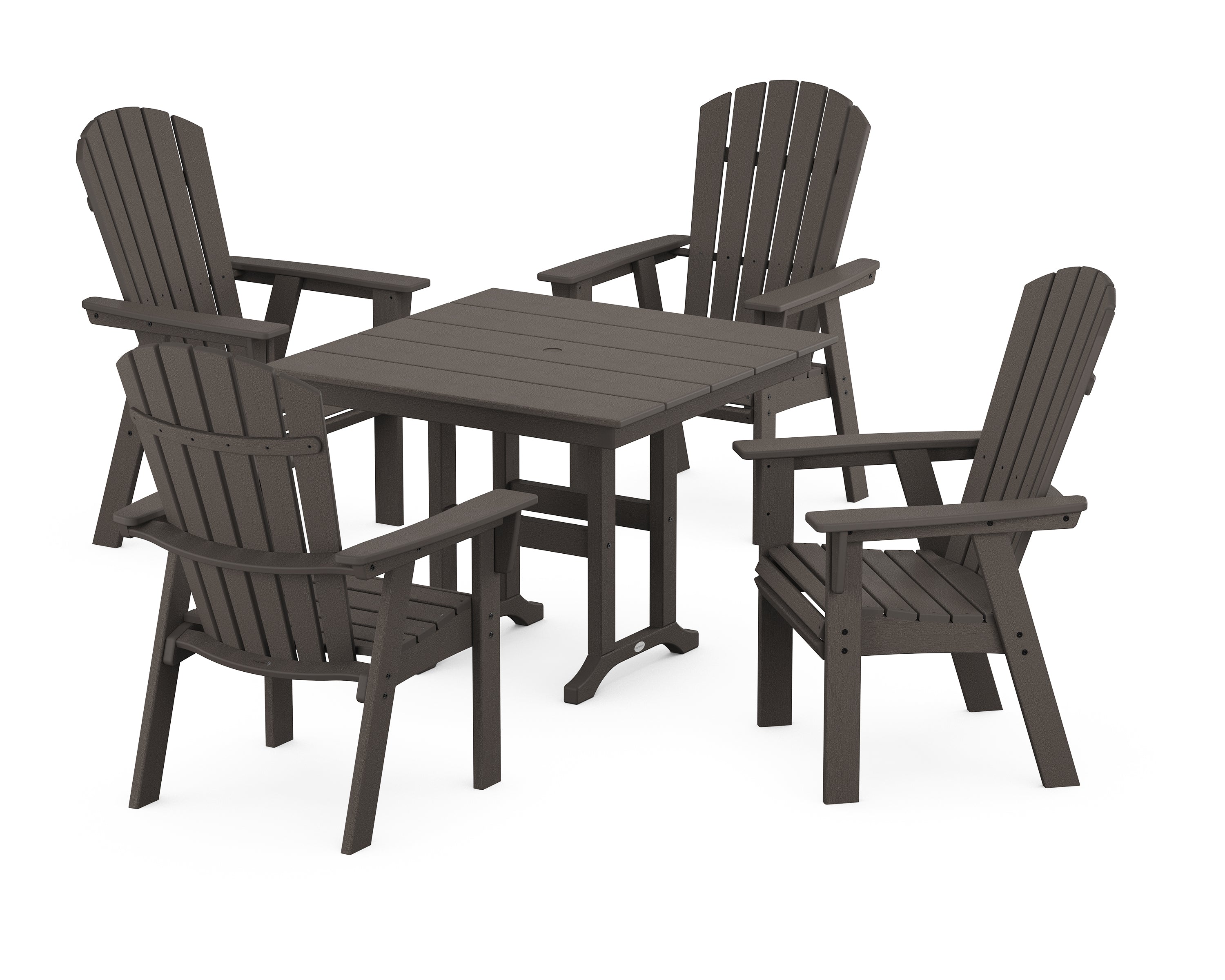 POLYWOOD® Nautical Curveback Adirondack 5-Piece Farmhouse Dining Set in Vintage Coffee