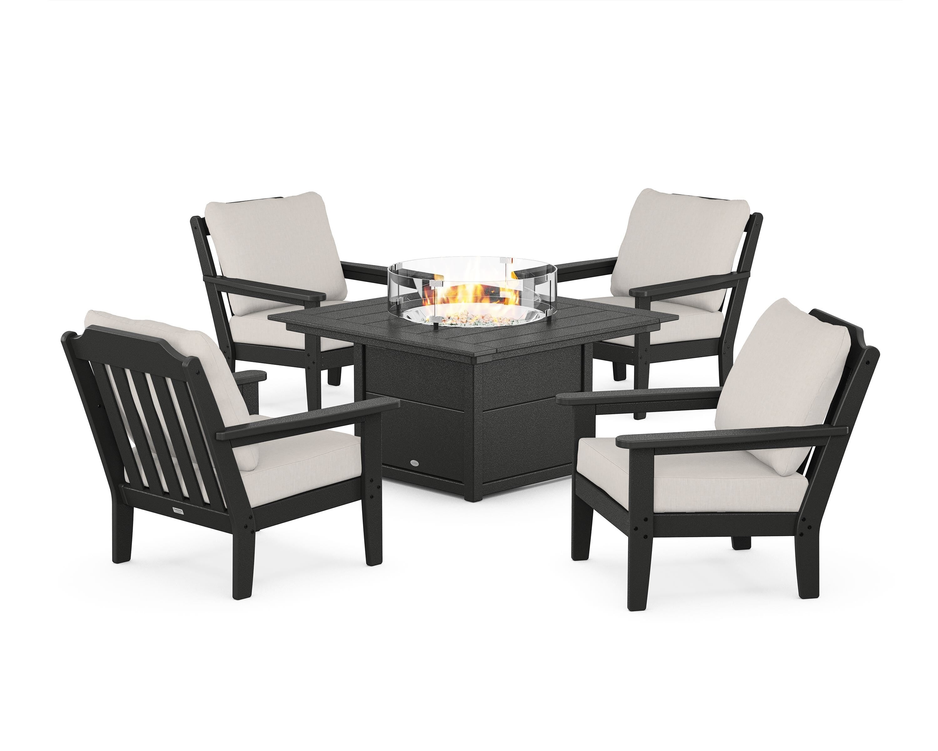 Country Living Cottage 5-Piece Deep Seating Set with Fire Pit Table in Black / Cast Ash