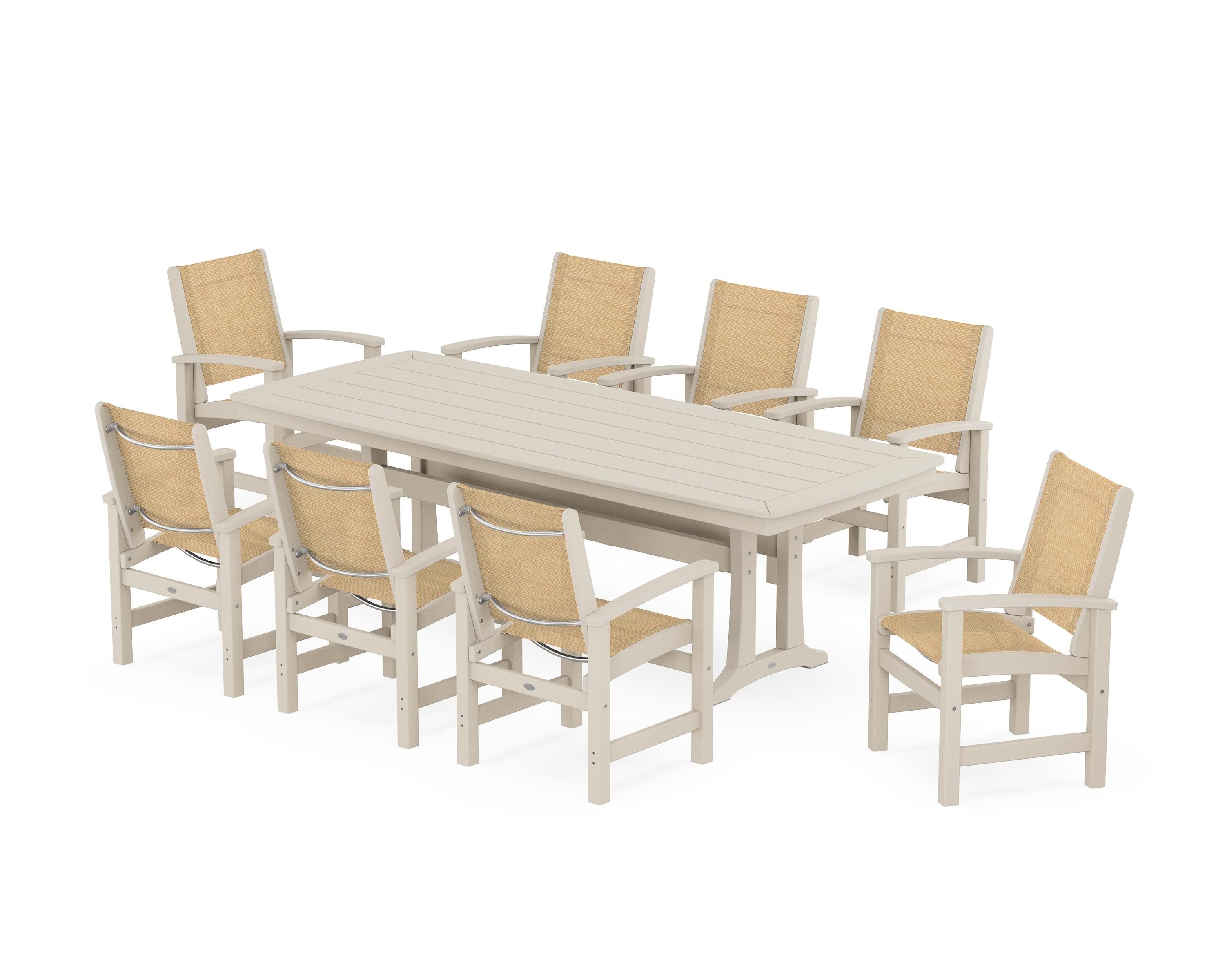 POLYWOOD Coastal 9-Piece Dining Set with Trestle Legs in Sand / Dupioni Apricot Sling