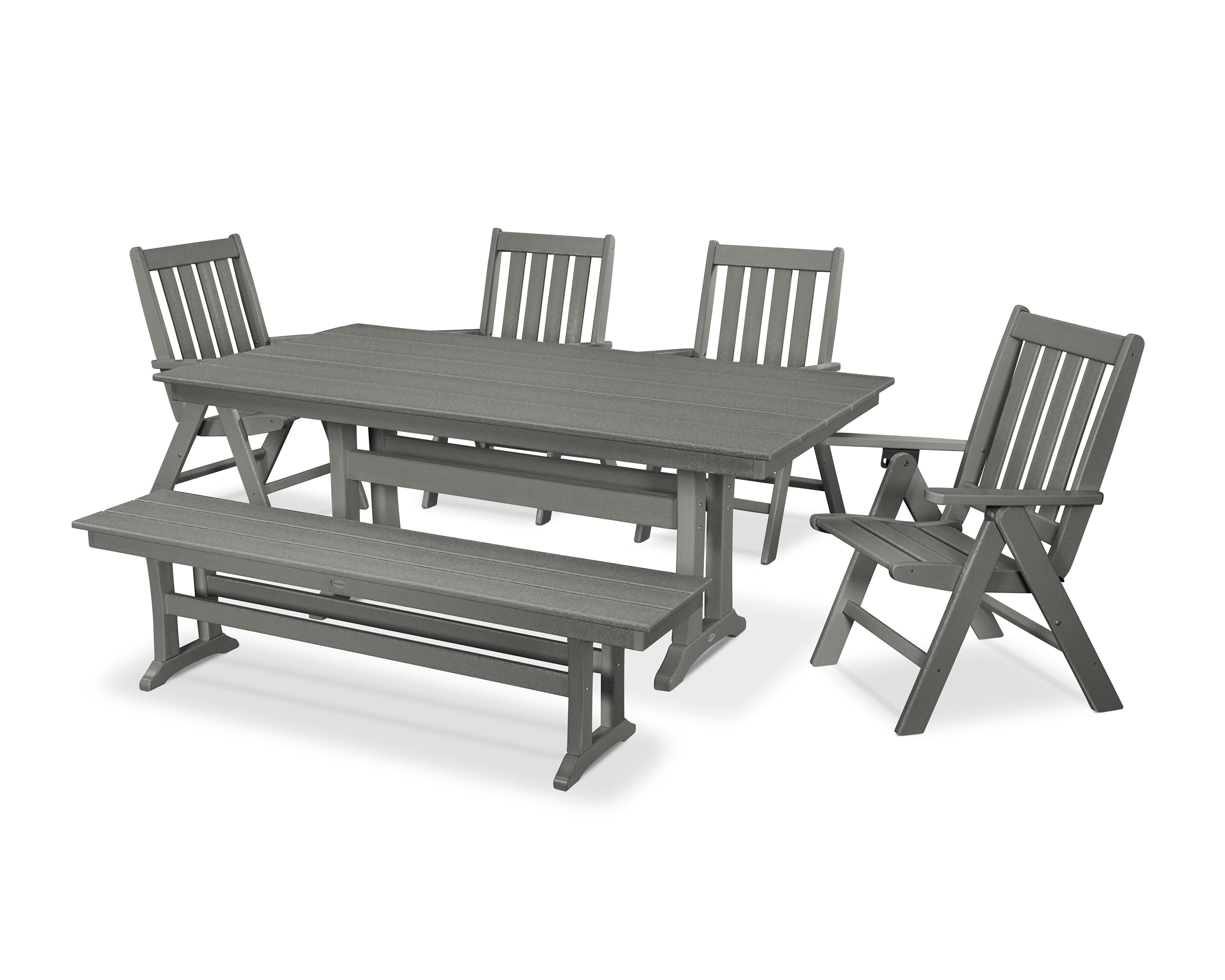 POLYWOOD® Vineyard 6-Piece Folding Chair Farmhouse Dining Set with Trestle Legs and Bench in Slate Grey