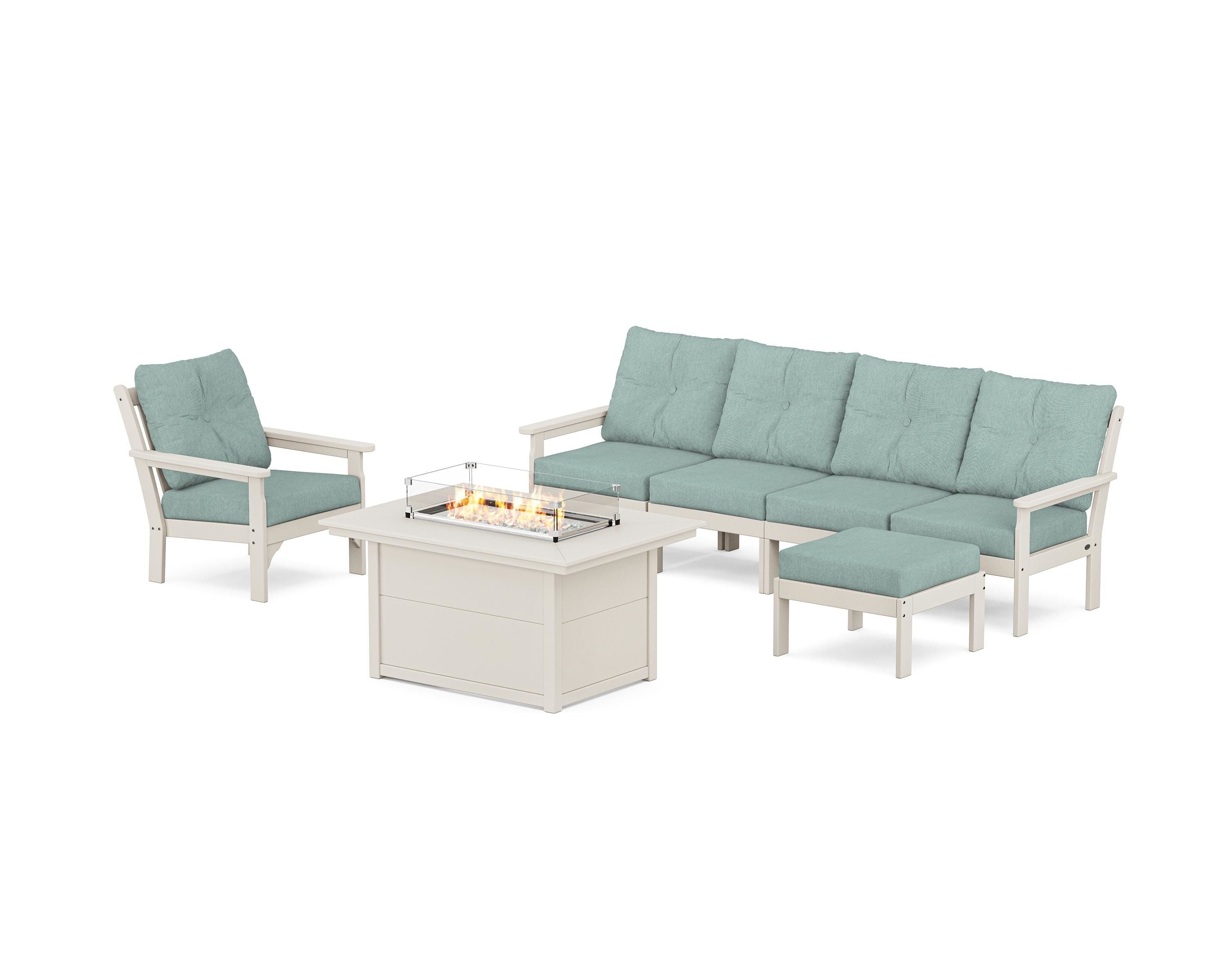POLYWOOD Vineyard Sectional Lounge and Fire Pit Set in Sand / Glacier Spa