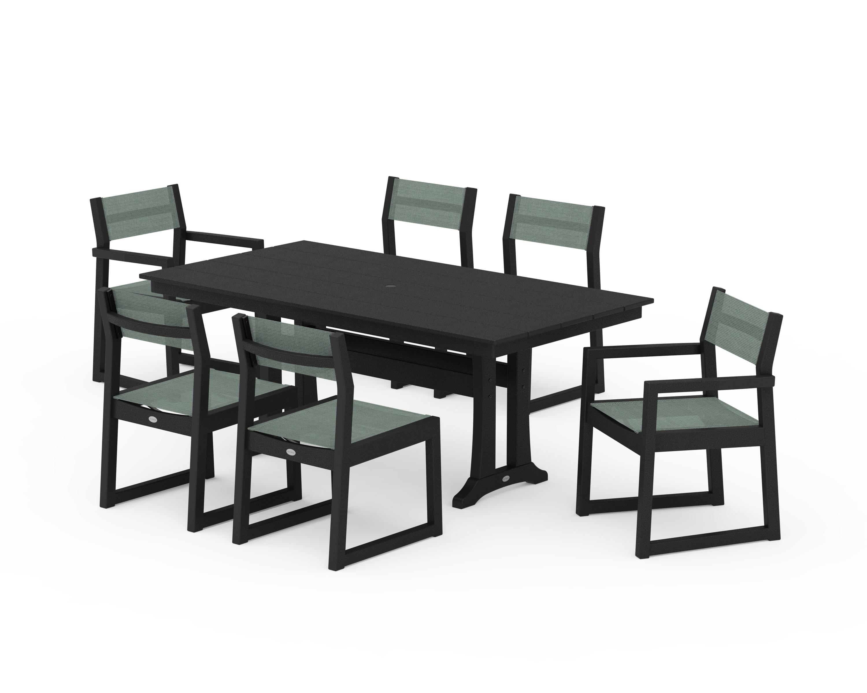 POLYWOOD EDGE Sling 7-Piece Farmhouse Trestle Dining Set in Black / Dupioni Sea Mist Sling