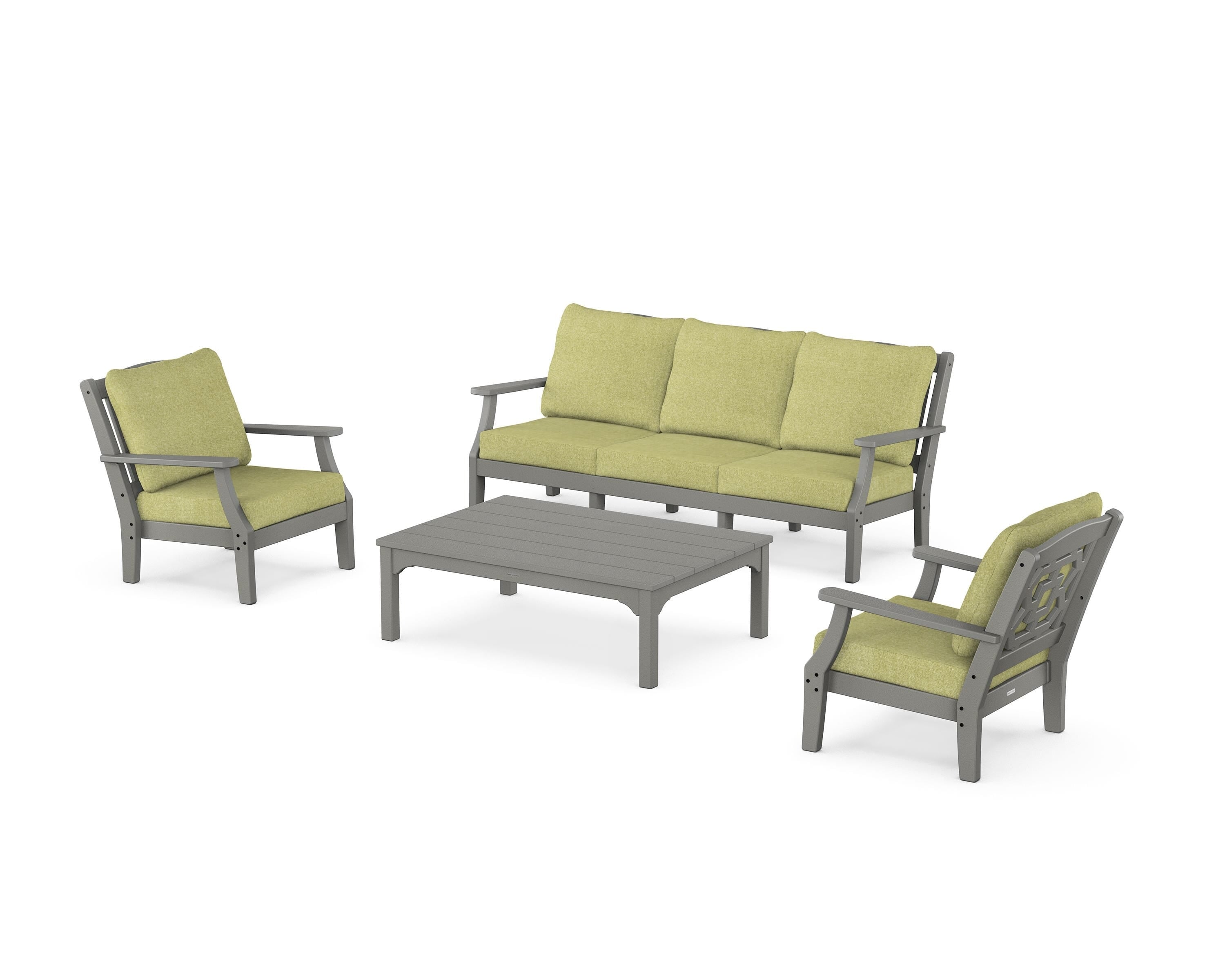 Martha Stewart by POLYWOOD Chinoiserie 4-Piece Deep Seating Set with Sofa in Slate Grey / Chartreuse Boucle