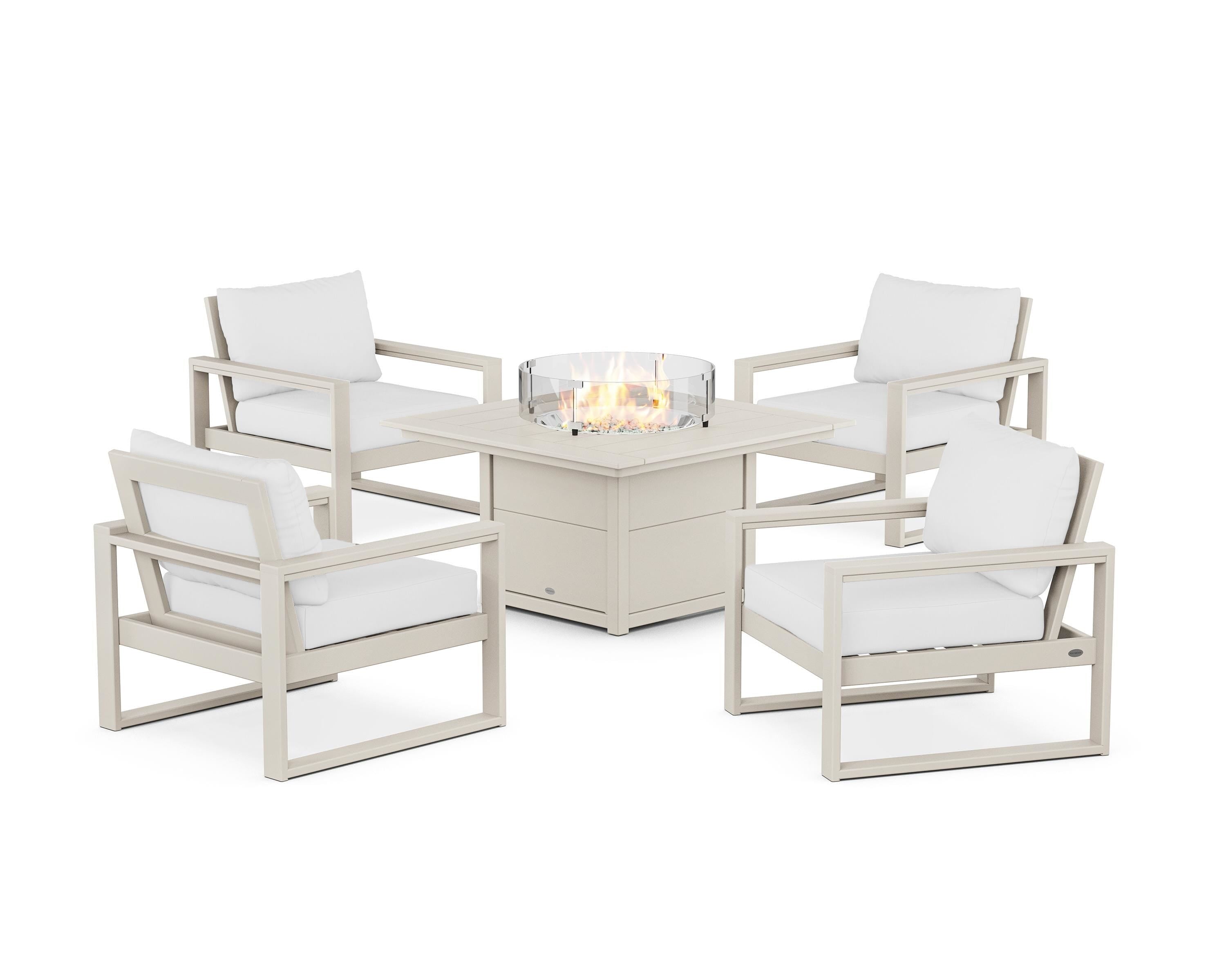 POLYWOOD EDGE Sectional 5-Piece Deep Seating Set with Fire Pit Table in Sand / Natural
