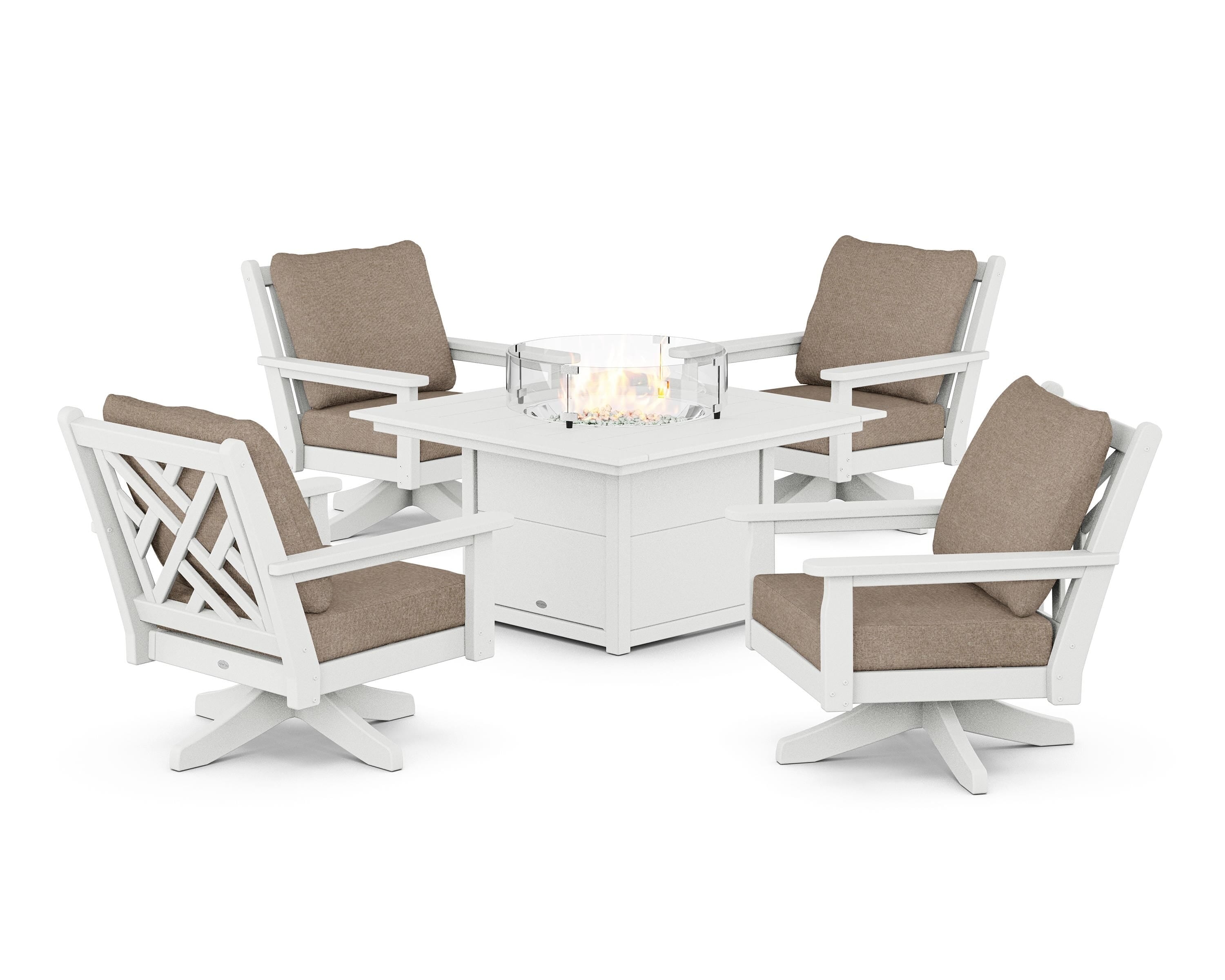 POLYWOOD Chippendale 5-Piece Deep Seating Swivel Conversation Set with Fire Pit Table in White / Spiced Burlap